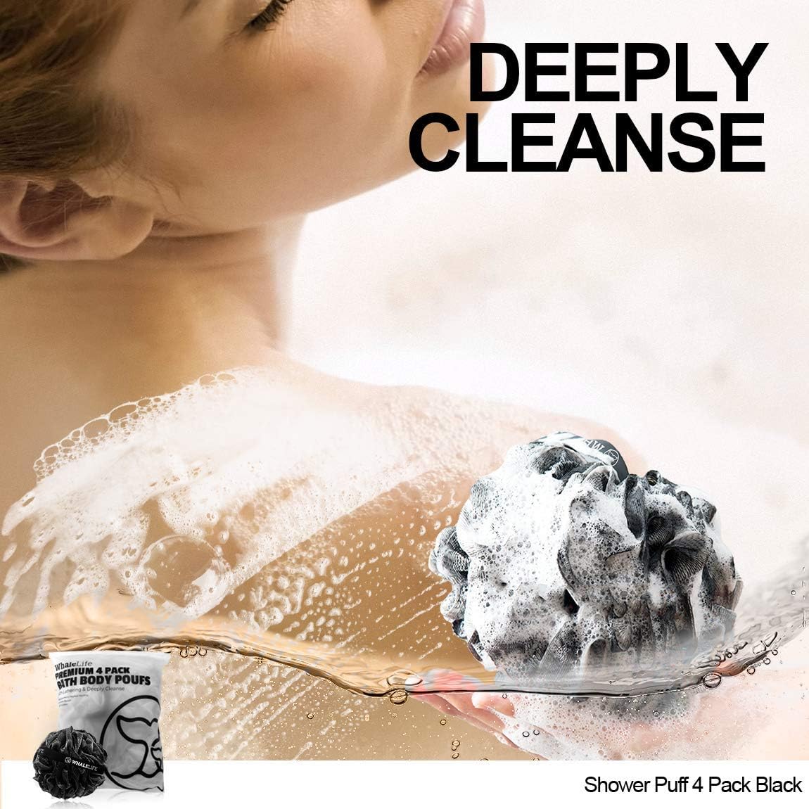 WhaleLife Shower Puff 4 Pack Black Bath Sponge Loofahs Pouf for Sensitive Skin