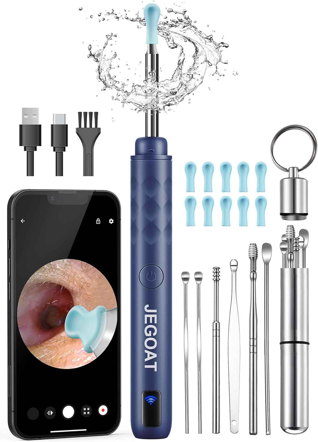Jegoat Ear Wax Removal, Ear Wax Removal Tool Camera with 1296P HD Camera and 6 LED Lights, Ear Cleaner with 10 Ear Pick, Upgraded Ear Wax Removal Kit for iOS and Android, Black