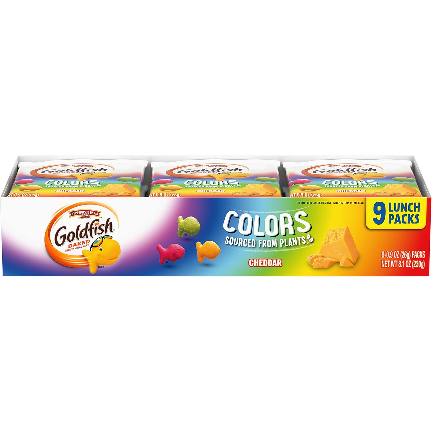 goldfish colors cheddar crackers, 9ct multi-pack tray, 9x0.9oz snack pack, baked with real cheese