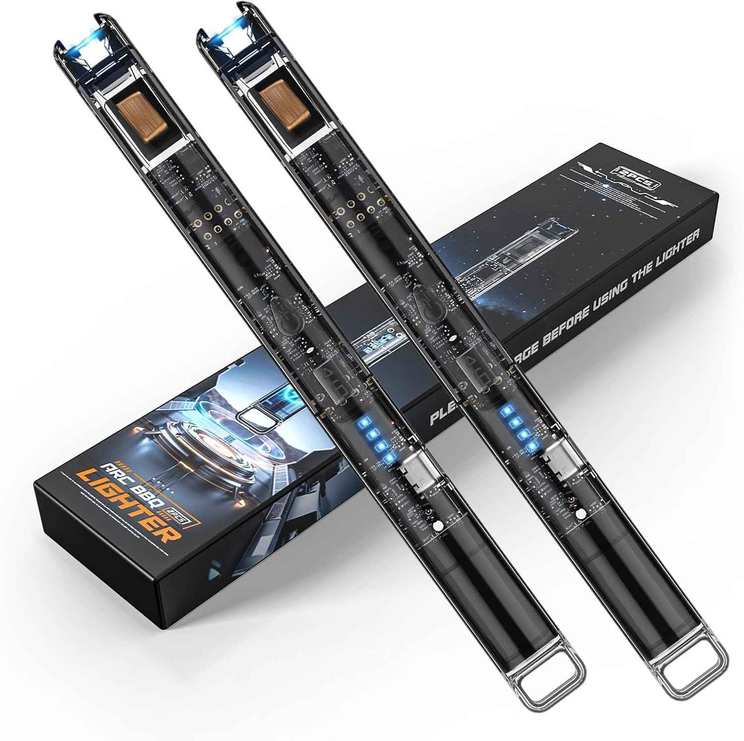 KTEBO 2 Pack Electric Candle Lighters - Rechargeable USB-C Arc Lighters with LED Display & Transparent See-Through Tech Design, Windproof Long Lighter for Candles,BBQ,Camping,Stoves,Stocking Stuffers