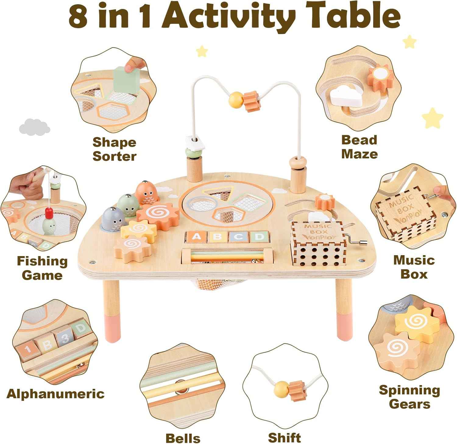 Activity Table for 1 Year Old, Montessori Toys for 1 2 Year Old Girls Boy Gifts, 8 in 1 Wooden Sensory Play Table for Toddler 1-3, Learning Toys for Baby 12-18 Months 1st Christmas Birthday Gifts