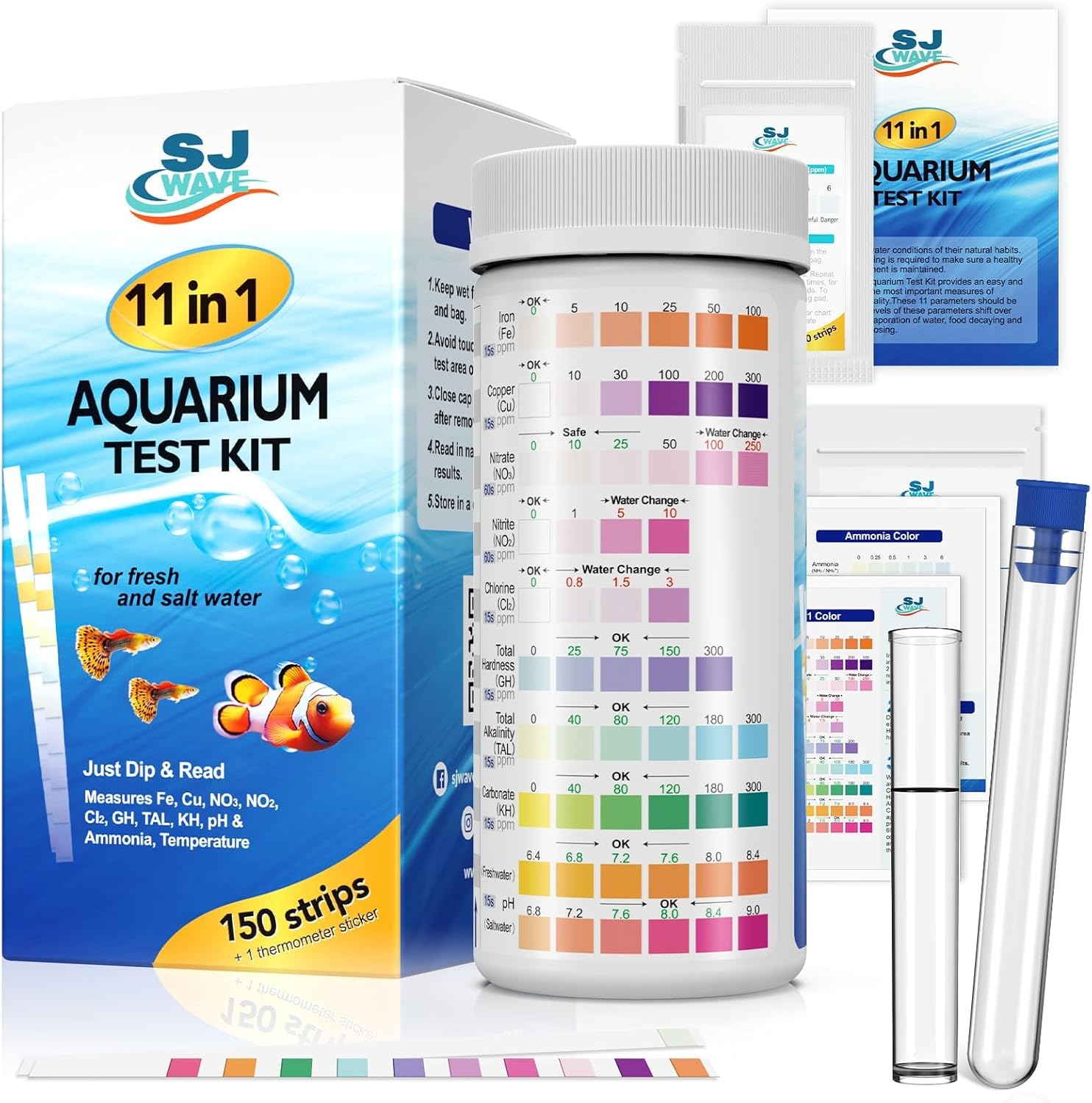 11-in-1 aquarium test strips water testing kit for fish tank aquariums with 950 tests and thermometer
