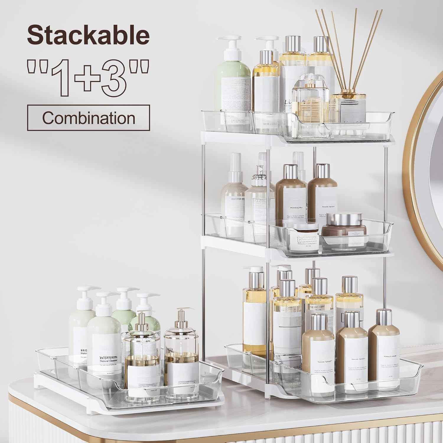 Delamu 2-Tier Multi-Purpose Bathroom Under Sink Organizers and Storage, Stackable Kitchen Pantry Organization, Pull Out Medicine Cabinet Organizer with Movable Dividers, White, 2 Pack