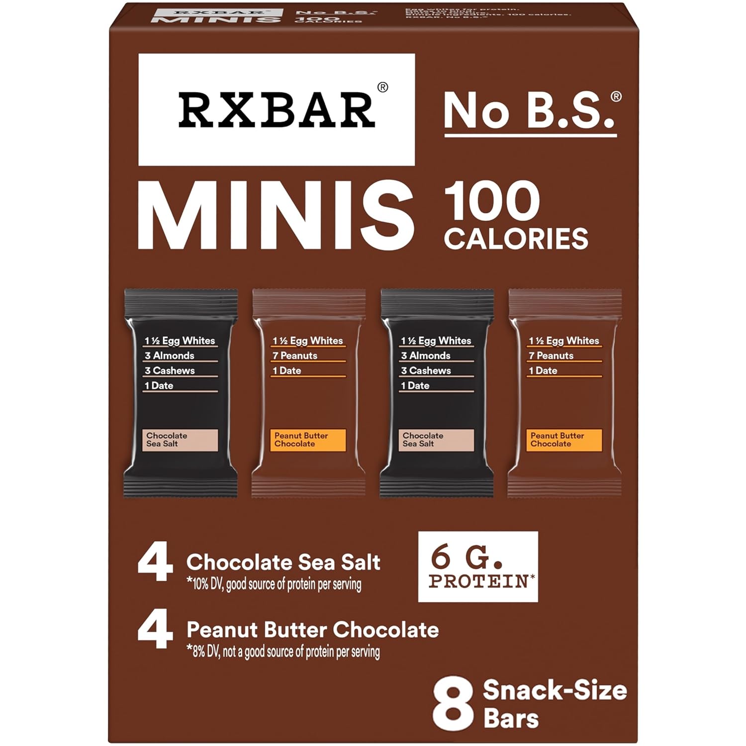 rxbar mini protein bars, 7.3oz box, 8 count, variety pack, peanut butter chocolate and chocolate sea salt