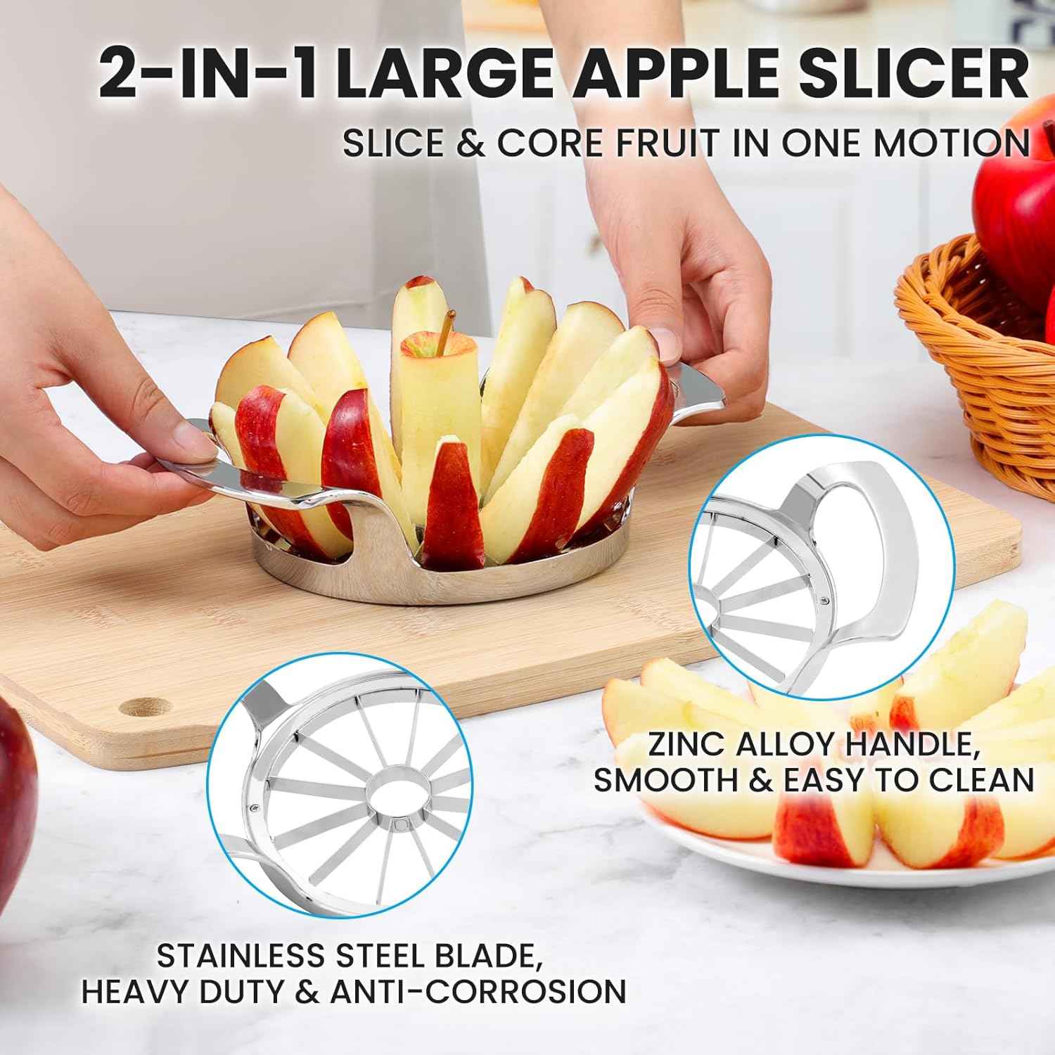 4.72 Inch Extra Large Apple Slicer with 12 Blades - Professional Heavy Duty Apple Cutter -304 Stainless Steel Apple Corer Tool - Sharp Apple Slicer and Corer - Easy to Use - Dishwasher Safe