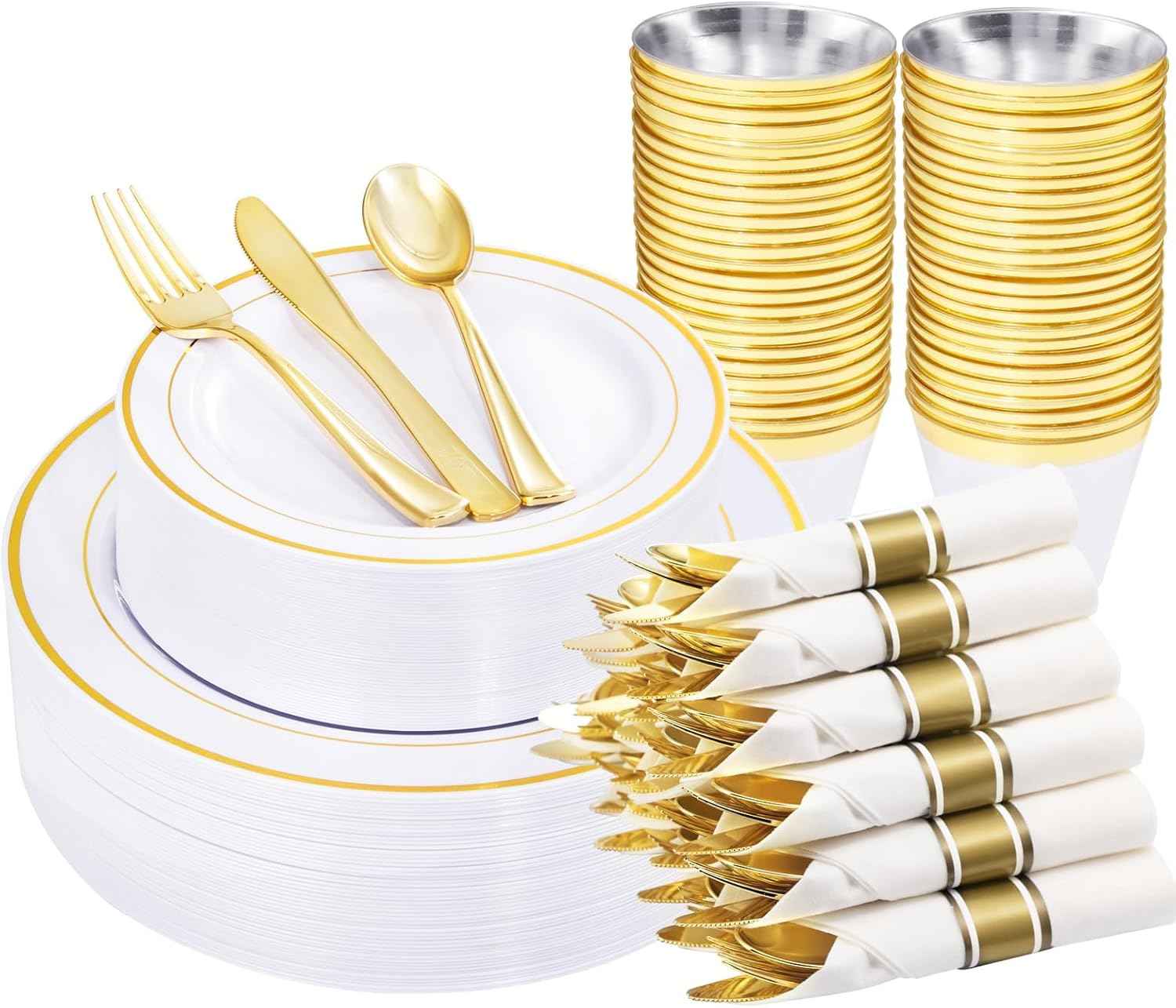 WELLIFE 700 Pieces Gold Plastic Dinnerware Set for 100 Guests - Includes Plates, Cups, Napkins, and Disposable Cutlery - Elegant White & Gold Design, Perfect for Parties and Events