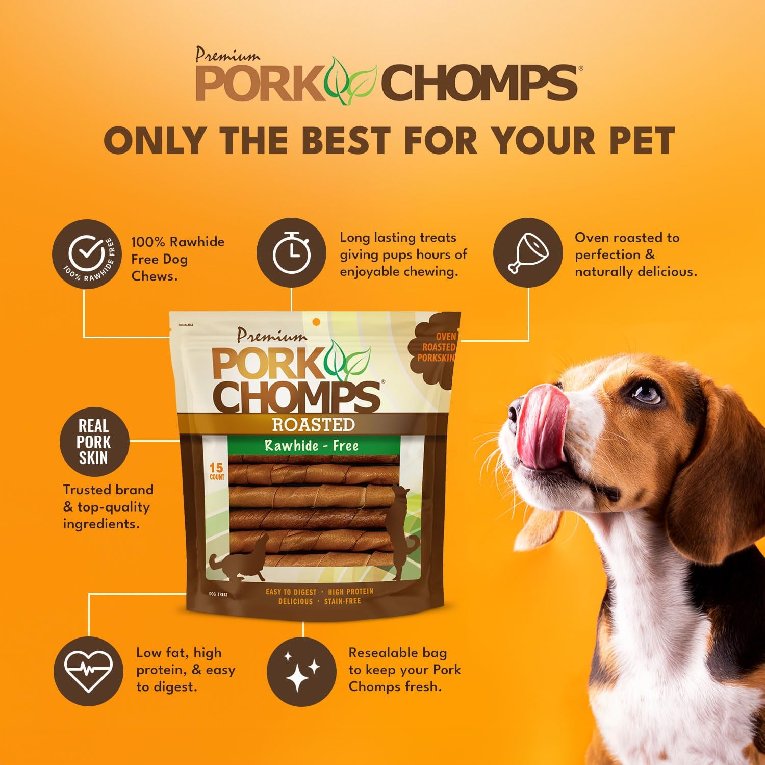 Pork Chomps Roasted Pork Skin Dog Chews, 6-inch Twists, 100% Rawhide Free, 15 Count