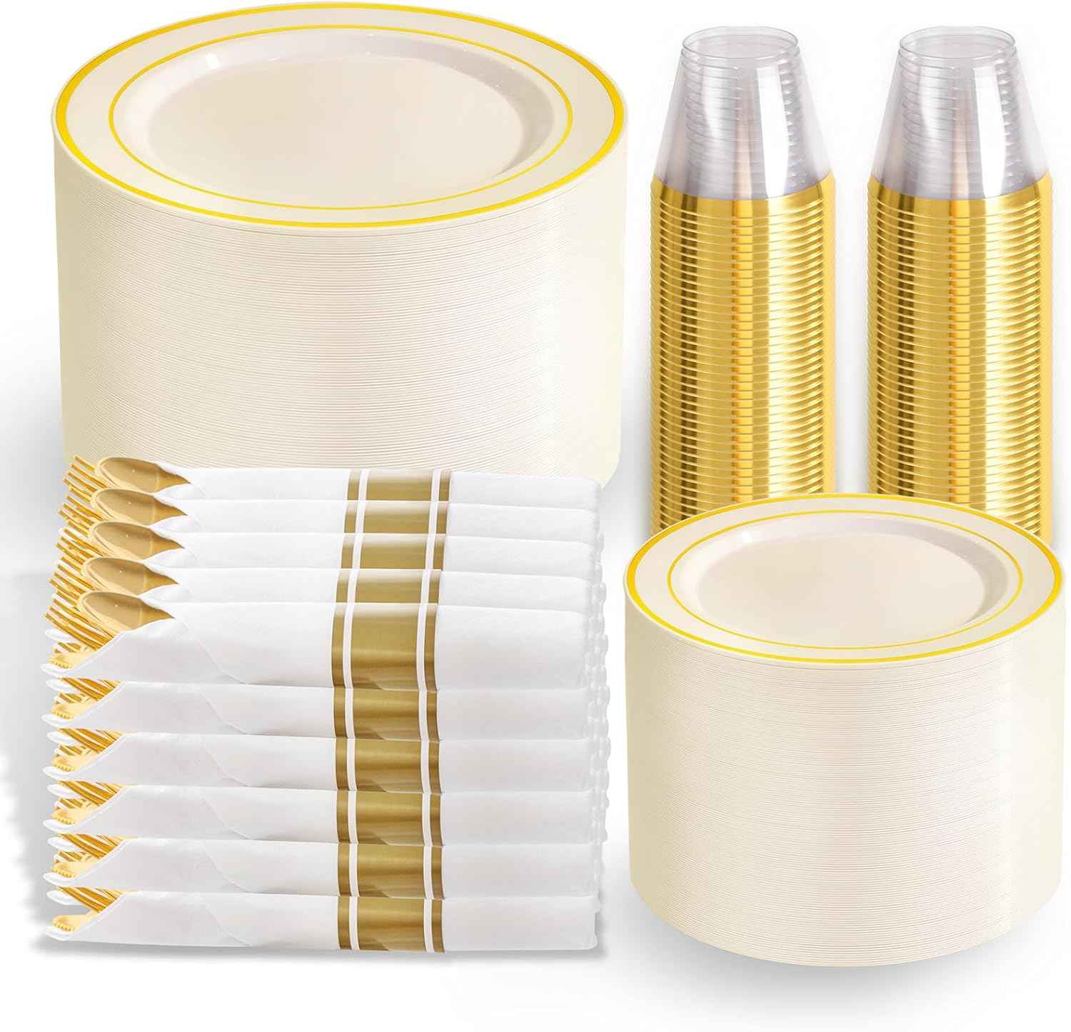 WELLIFE 700 Pieces Gold Plastic Dinnerware Set for 100 Guests - Includes Plates, Cups, Napkins, and Disposable Cutlery - Elegant White & Gold Design, Perfect for Parties and Events