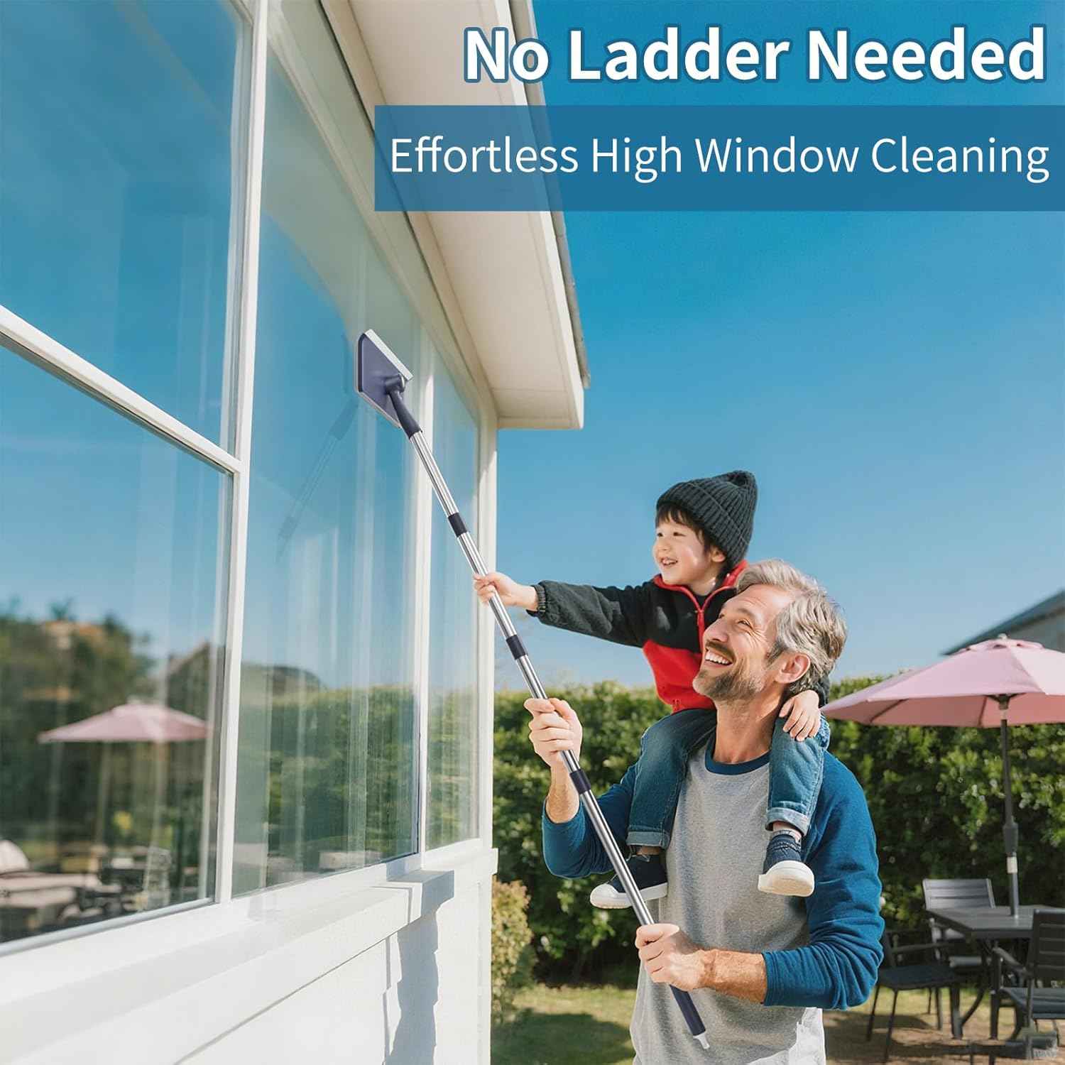 3 in 1 Window Squeegee for Home, Window Cleaning Kit with 60" Extension Pole, Professional Window Cleaner Tool for Outdoor Windows, Glass, Mirrors, Screens with 3 Microfiber Cloths & Screen Brush