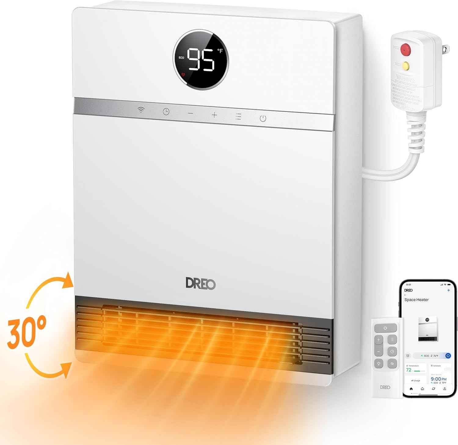 DREO Smart Wall Heater, IP24 Electric PTC Space Heaters for Indoor Use, 30° Oscillation, Adjustable Thermostat, Remote Control, Works with Alexa, 24H Timer, Easy-mounted for Office, Bedroom, Home