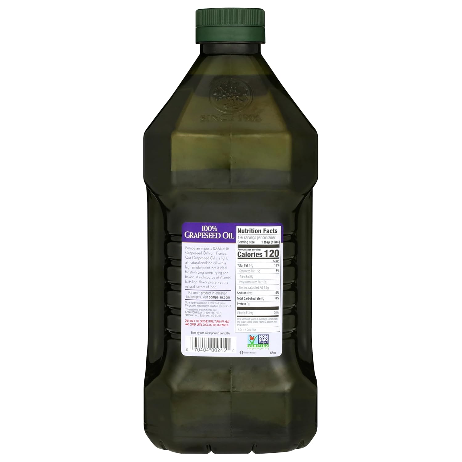 Pompeian 68 fl oz 100% Grapeseed Oil, Non-GMO, Gluten-Free, Kosher, Light and Subtle Flavor