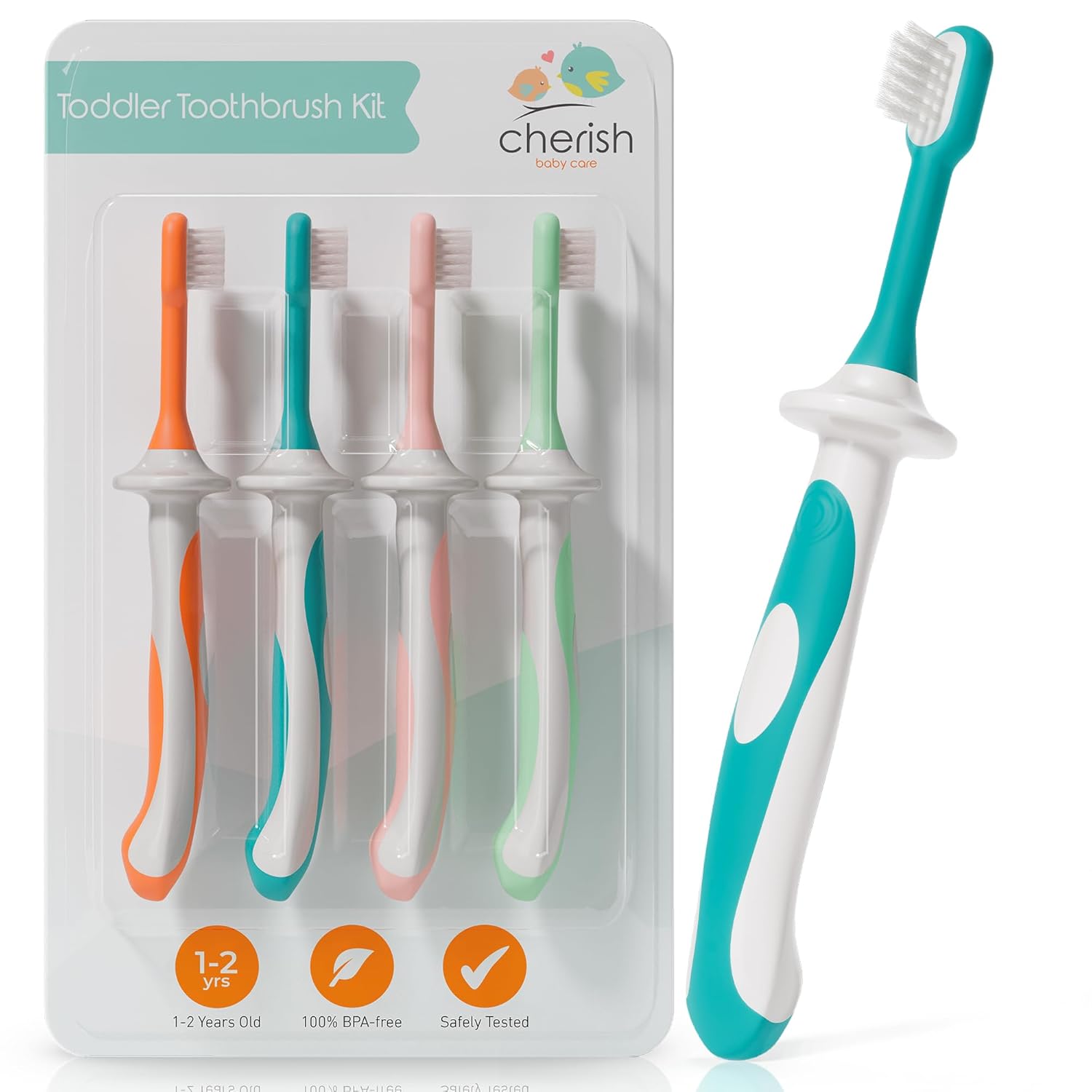 cherish baby care baby toothbrush & toddler toothbrush set (0-2 years) - teal - bpa-free & safety-tested