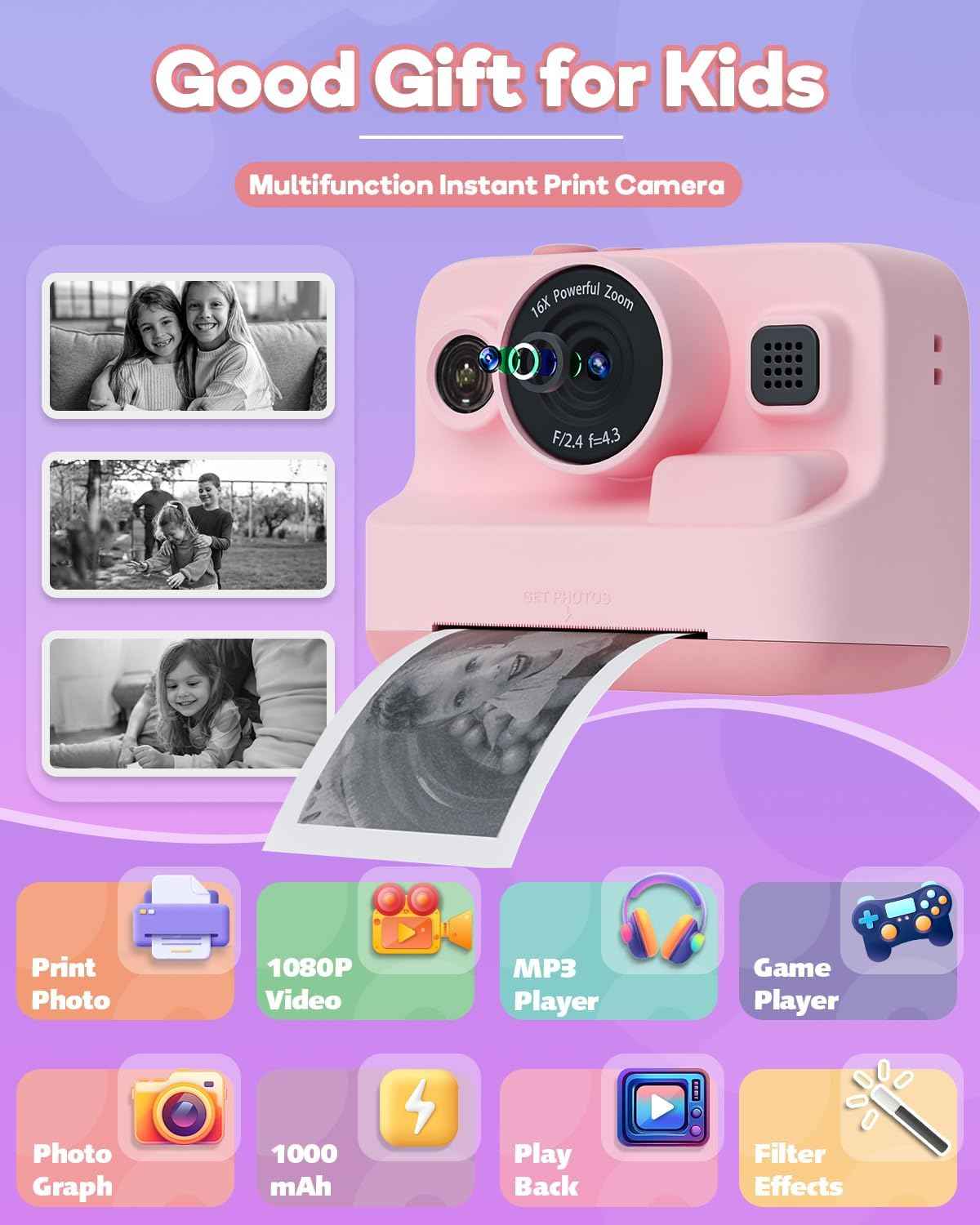 Dylanto Kids Camera Instant Print,1080P Kids Instant Cameras That Print Photos,Christmas Birthday Gifts for Girls Age 3-12,Portable Toy for 3 4 5 6 7 8 9 10 Year Old Girls Boys Pink