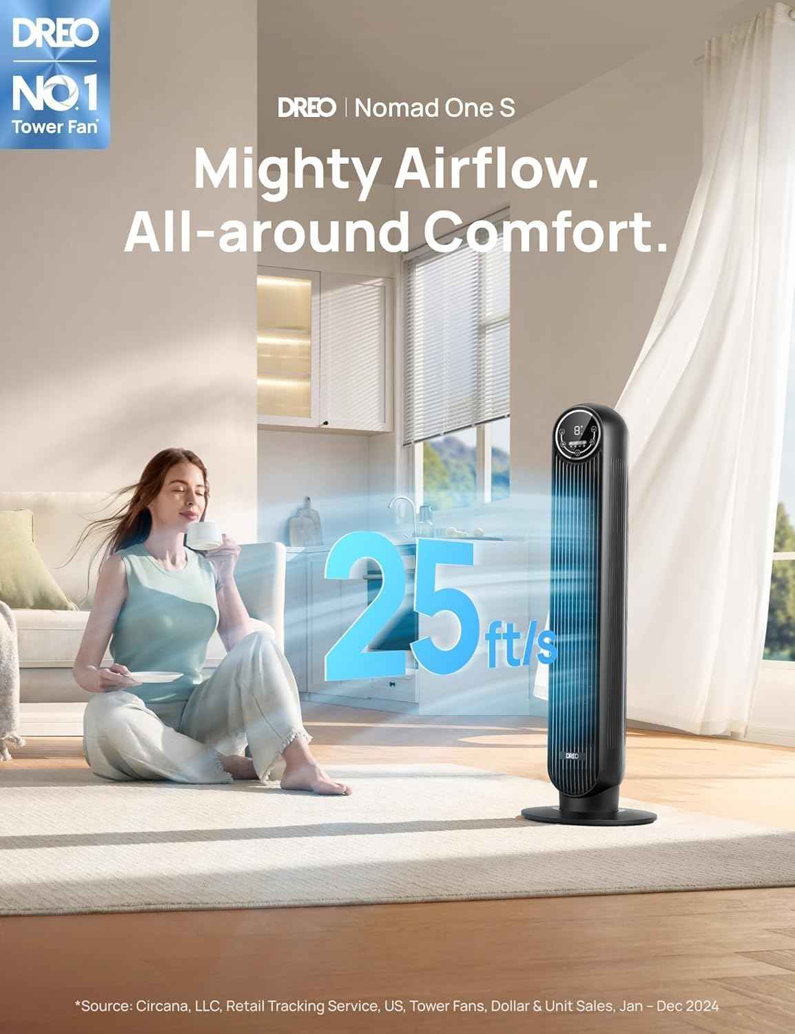 Dreo Tower Fan for Bedroom, Smart Oscillating Quiet Floor Fans, Standing Bladeless Fan with Remote and WiFi Voice Control, 4 Modes, 4 Speeds, 8H Timer, 28dB, Works with Alexa/Google