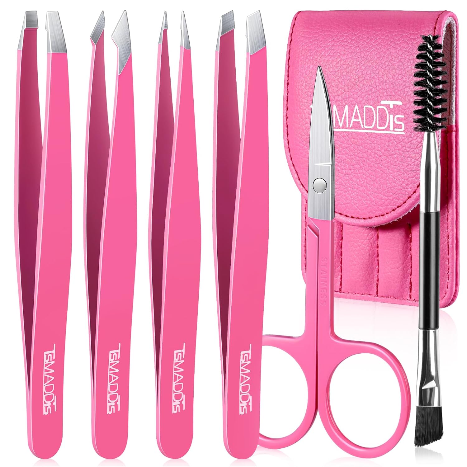 TsMADDTs 6 PCS Stainless Steel Tweezers Set for Women with Curved Scissor and Leather Travel Case