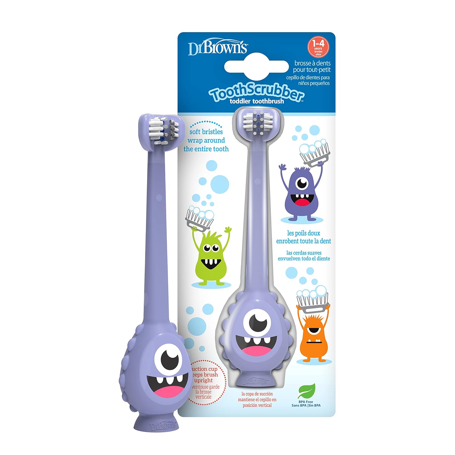 dr. browns green monster triple-sided toddler toothbrush with suction cup base, ages 1-4 years