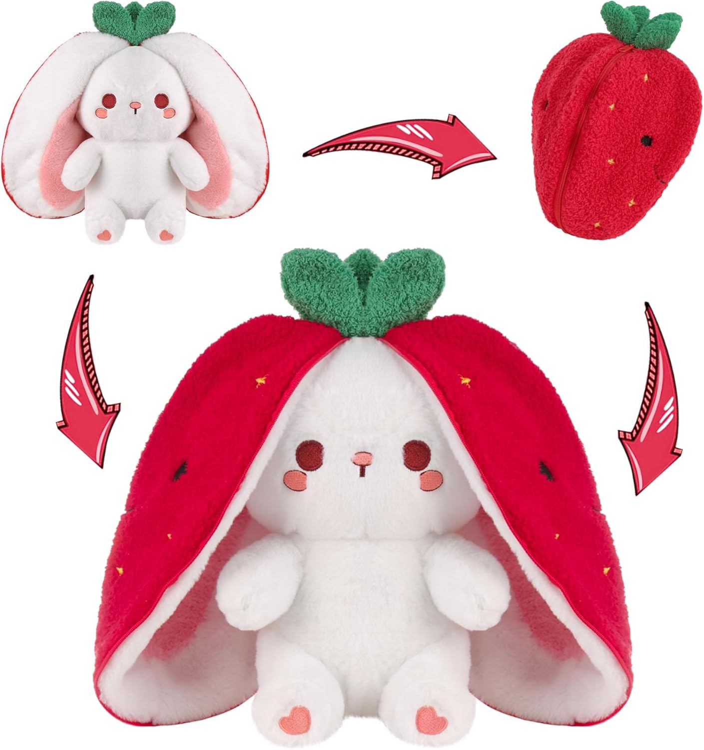 miaodam strawberry bunny reversible cuddle bunny plush zipper transformed rabbit toy