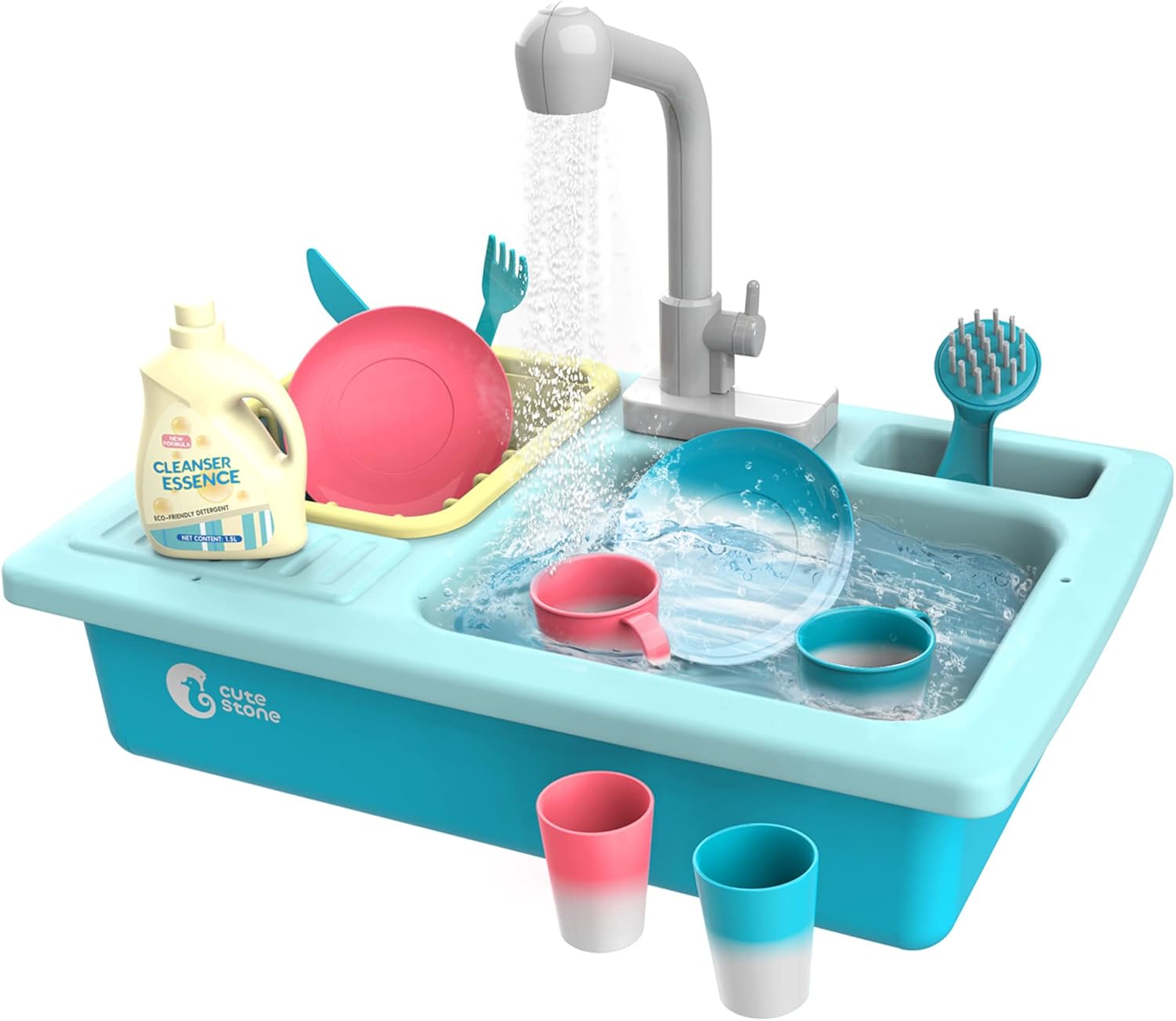 CUTE STONE Pretend Play Kitchen Sink Toys with Play Cooking Stove, Pot and Pan with Spray Realistic Light and Sound, Dish Rack & Play Cutting Food, Utensils Tableware Accessories for Kids Toddlers