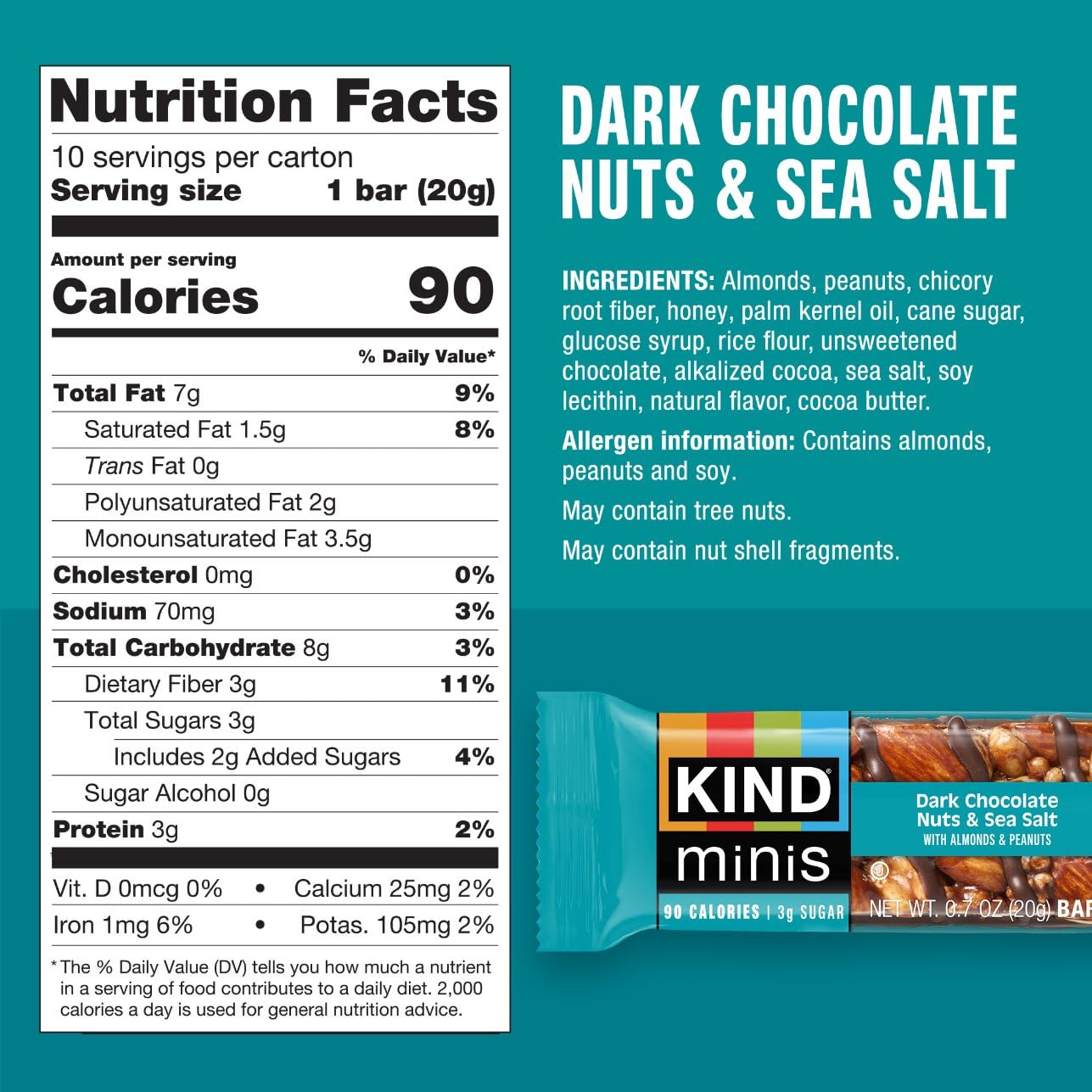 KIND Minis Snack Bars, Dark Chocolate, Caramel, Nuts & Sea Salt, Gluten Free, 20 Count, 0.7 OZ, Variety Pack