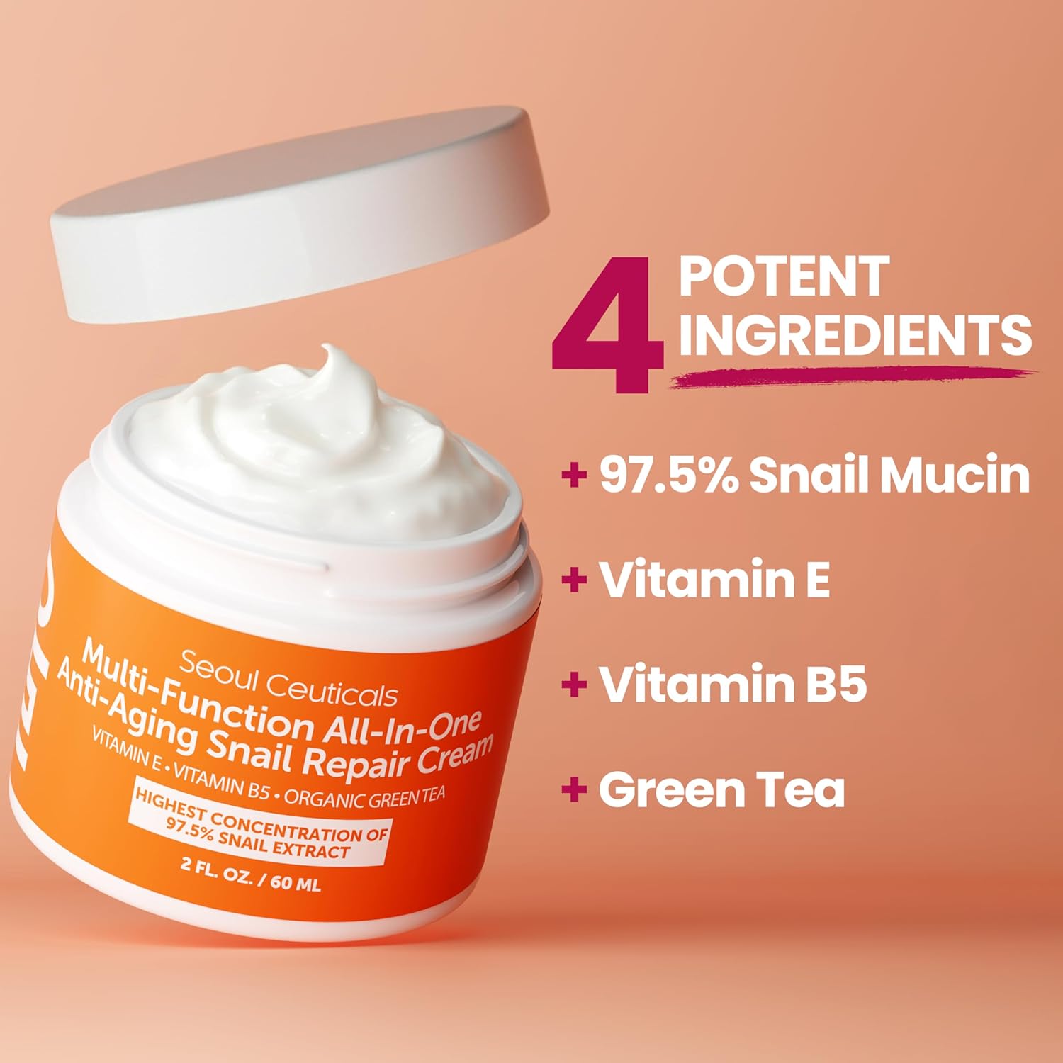 SeoulCeuticals 97.5% snail mucin moisturizer cream, cruelty free, K beauty skincare day and night repair cream, 2 oz