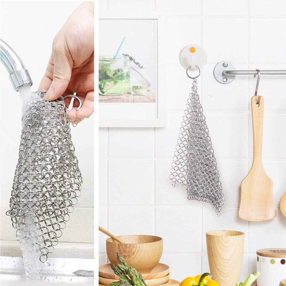 PIBC Cast Iron Cleaner 8"x6" 316L Stainless Steel Chainmail Scrubber for Griddle Skillet Dutch Oven Wok Stainless Steel Pot Cast Iron Pan