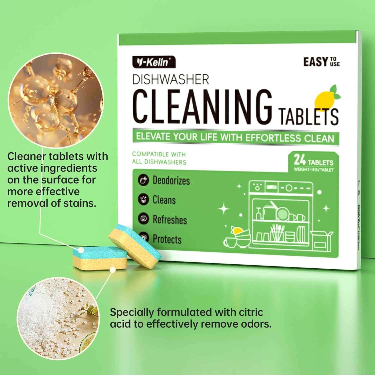 Dishwasher Cleaner and Deodorizer Tablets, 24 Pack - Helps Remove Limescale & Odor, Prevents Buildup in Pipes, Safe for All Dishwashers, Lemon Scent - 12 Month Supply