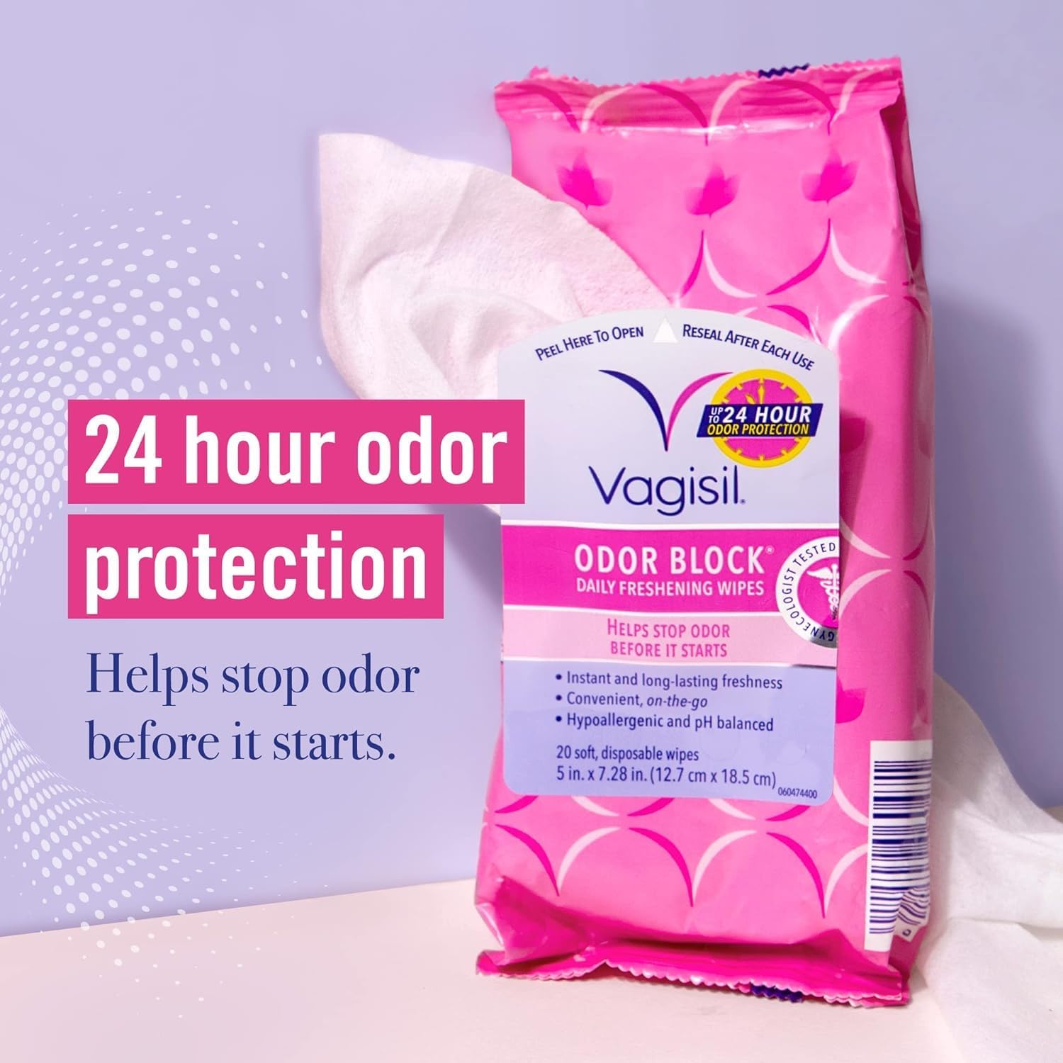Vagisil odor block daily freshening wipes for feminine hygiene in resealable pouch, hypoallergenic, gynecologist tested, 20 wipes pack of 3