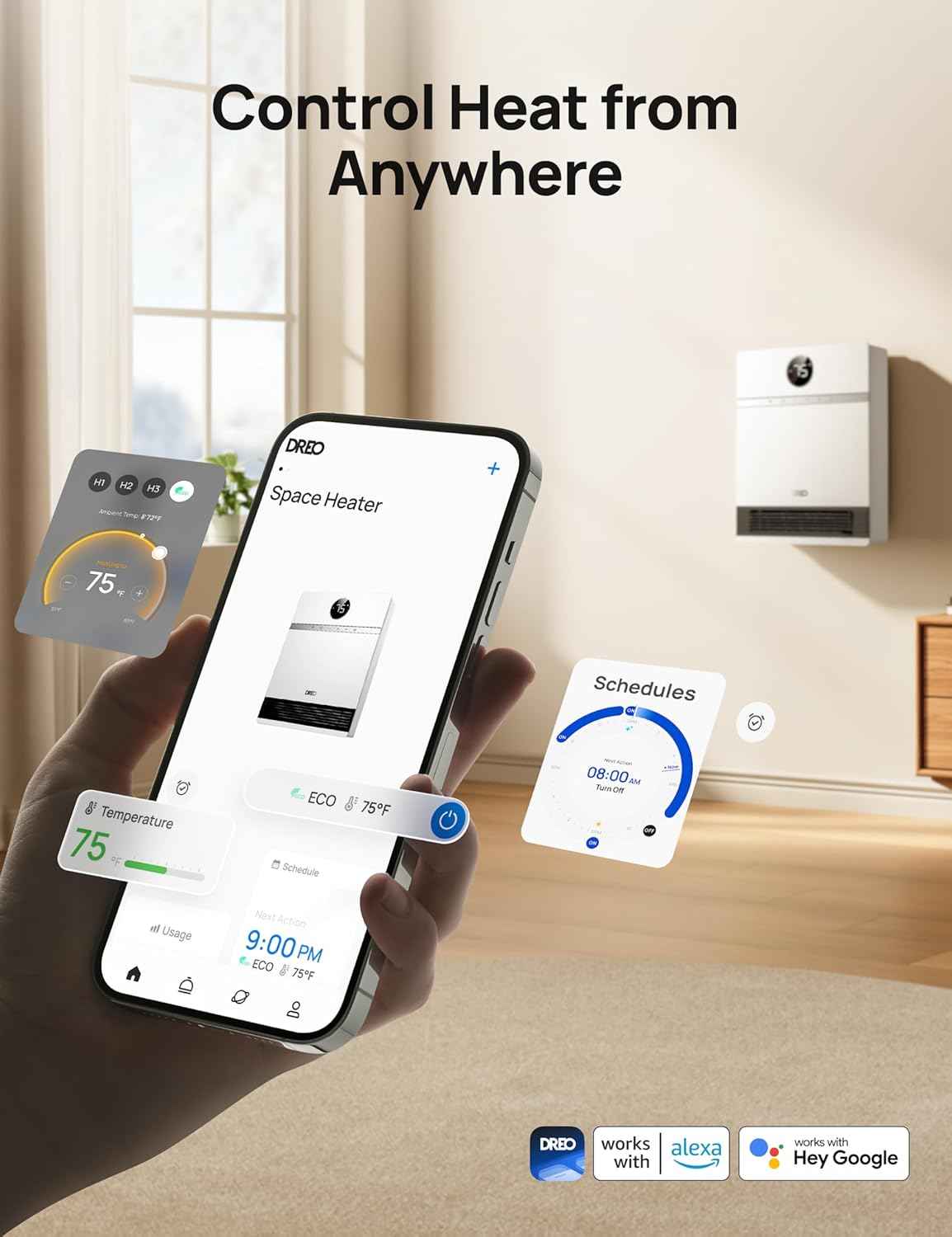 DREO Smart Wall Heater, IP24 Electric PTC Space Heaters for Indoor Use, 30° Oscillation, Adjustable Thermostat, Remote Control, Works with Alexa, 24H Timer, Easy-mounted for Office, Bedroom, Home