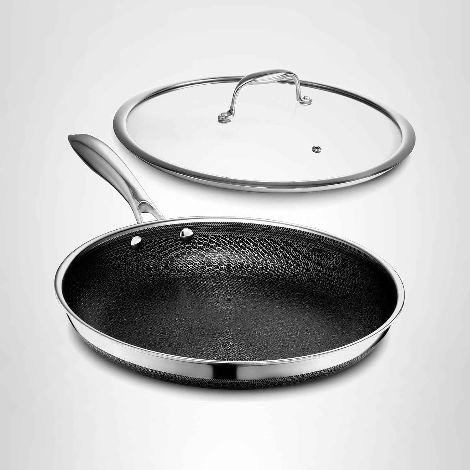 HexClad Hybrid Nonstick 8-Inch Frying Pan with Tempered Glass Lid, Stay-Cool Handle, Dishwasher-Friendly, Oven-Safe Up to 900°F, Induction Ready, Compatible with All Cooktops