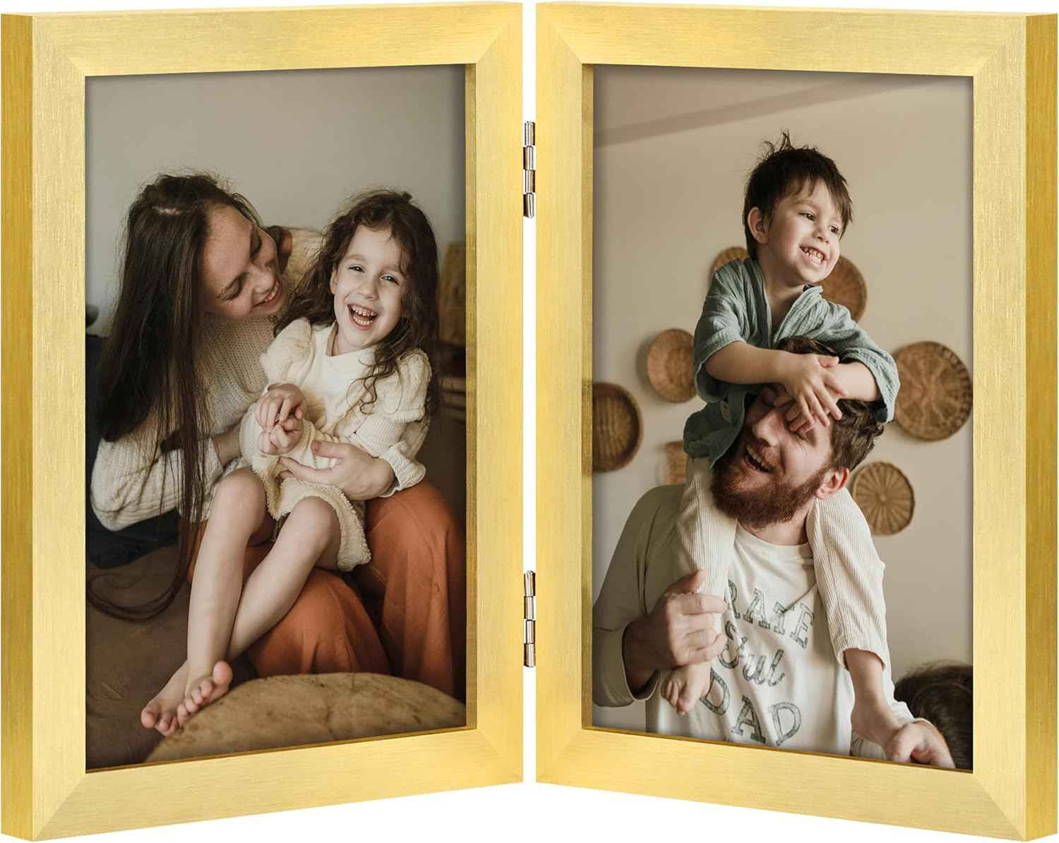 decorUhome Double 4x6 Picture Frame Vertical, Engineered Wood Bifold Photo Frame with Plexiglass for Tabletop Display, 4x6, Black