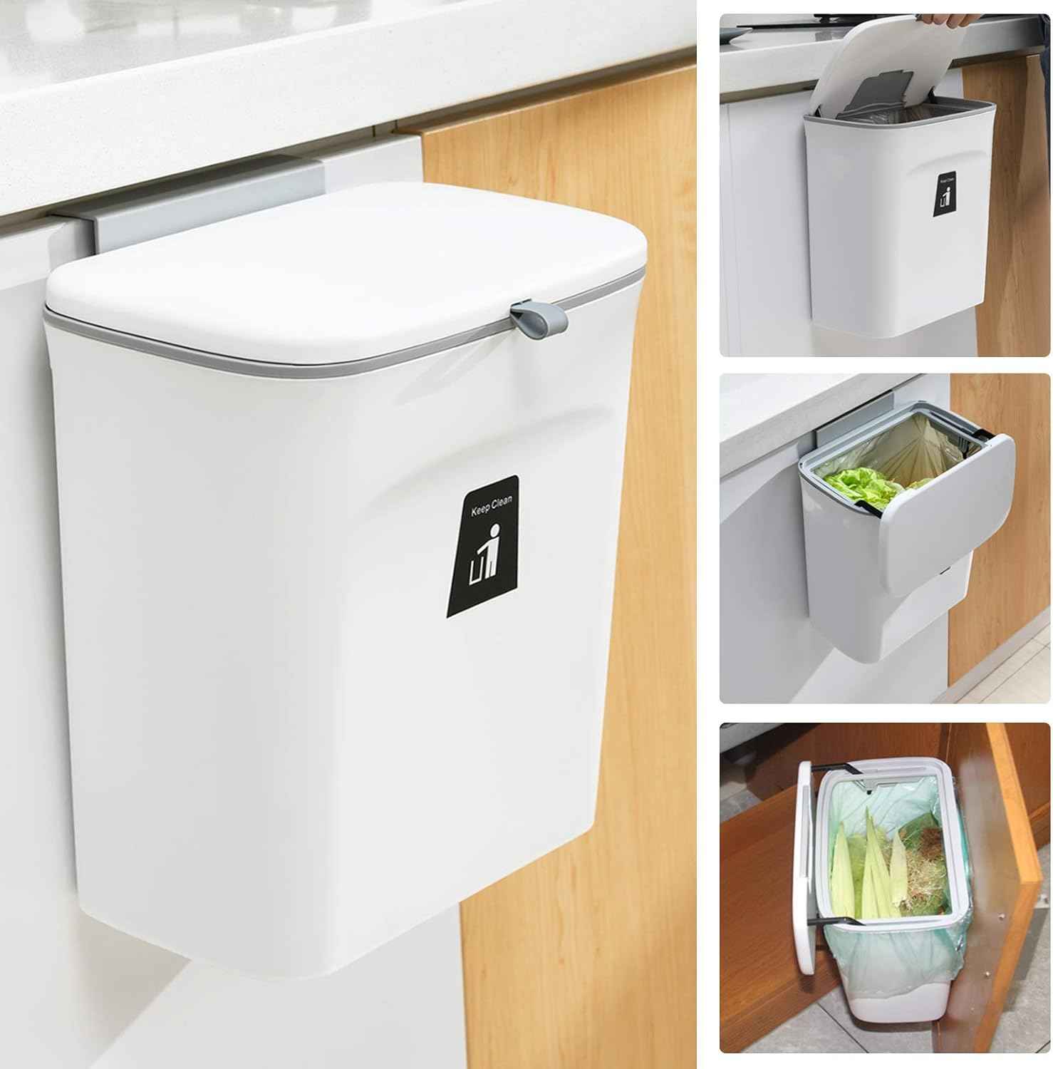 Tiyafuro 2.4 Gallon Kitchen Compost Bin for Counter Top or Under Sink, Hanging Small Trash Can with Lid for Cupboard/Bathroom/Bedroom/Office/Camping, Mountable Indoor Compost Bucket, Gray