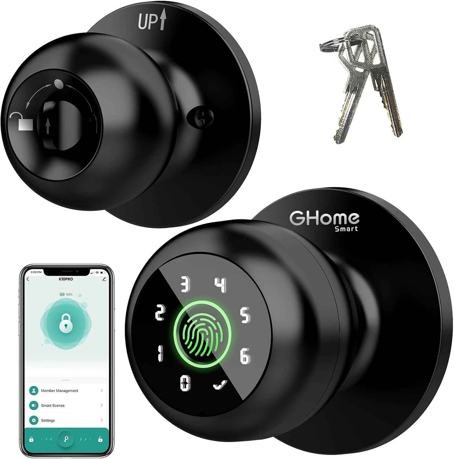 GHome Smart Fingerprint Door Lock, 3 in 1 Smart Fingerprint Door Knob with App Control & Key, Auto Lock, Biometric Thumbprint Door Locks for Bedroom, Garage, Home & Office