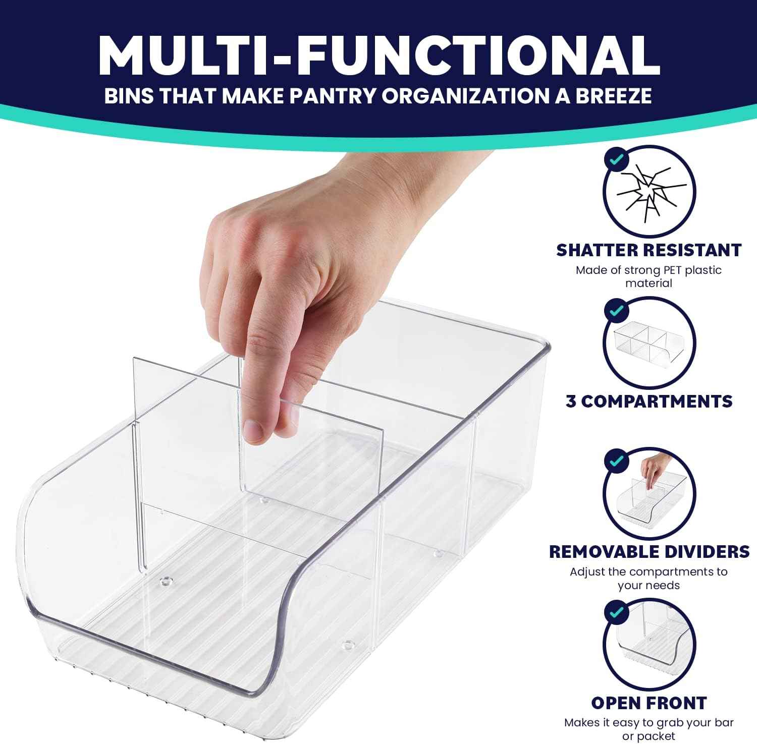 ELTOW 4-Pack Snack Organizer, 3-Compartment Plastic Bins with Removable Dividers, Chip & Food Storage for Pantry, Spices, Fridge, and Cabinet
