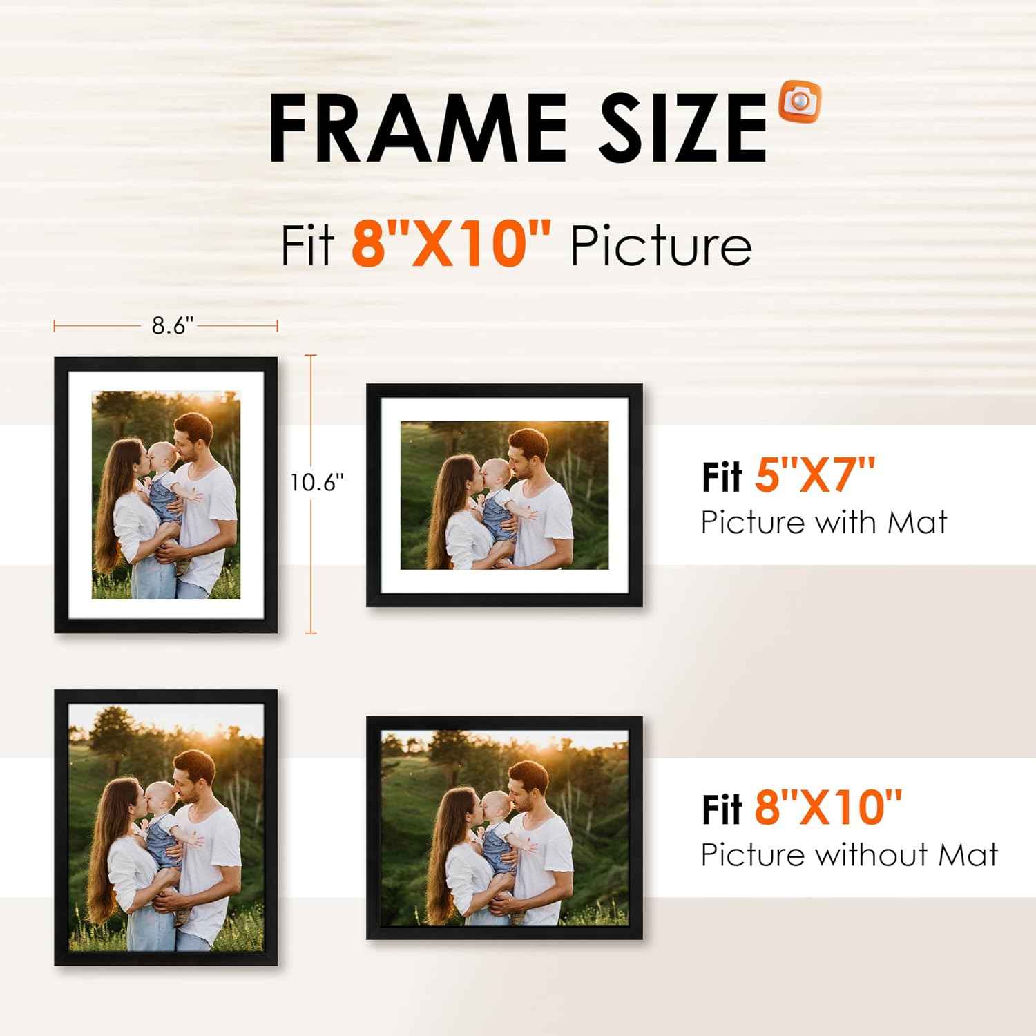 FIXSMITH 8x10 Picture Frame Set of 2, Photo Frame with HD Plexiglass, Display Pictures 5x7 with Mat or 8x10 Without Mat Multi Picture Frames Collage for Tabletop or Wall Display, Black
