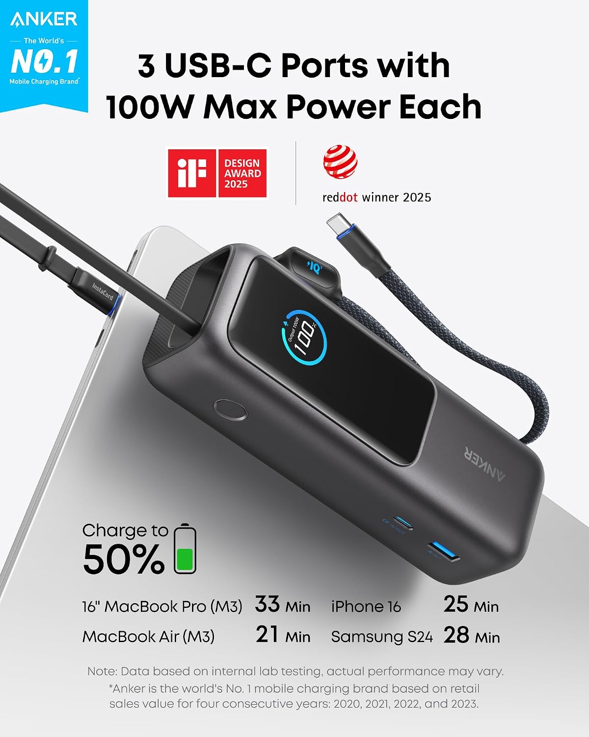 Anker Laptop Power Bank,25,000mAh Portable Charger with 165W Total Output,3 USB-C Ports (100W Max Each),Built-in Retractable Cables,Flight-Ready,for iPhone 17/16 Series,MacBook,Samsung,and More