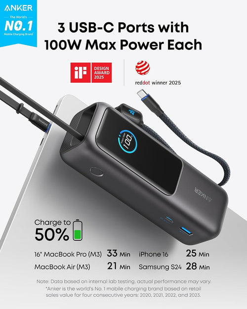 Anker Laptop Power Bank,25,000mAh Portable Charger with 165W Total Output,3 USB-C Ports (100W Max Each),Built-in Retractable Cables,Flight-Ready,for iPhone 17/16 Series,MacBook,Samsung,and More