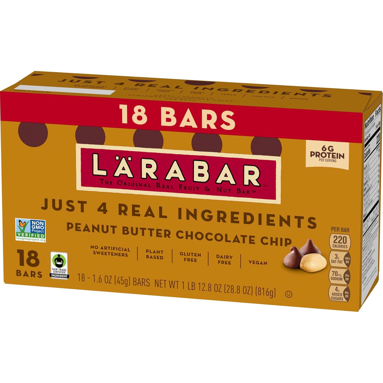 larabar peanut butter chocolate chip bars, 28.8 oz, 18 ct, gluten free, vegan