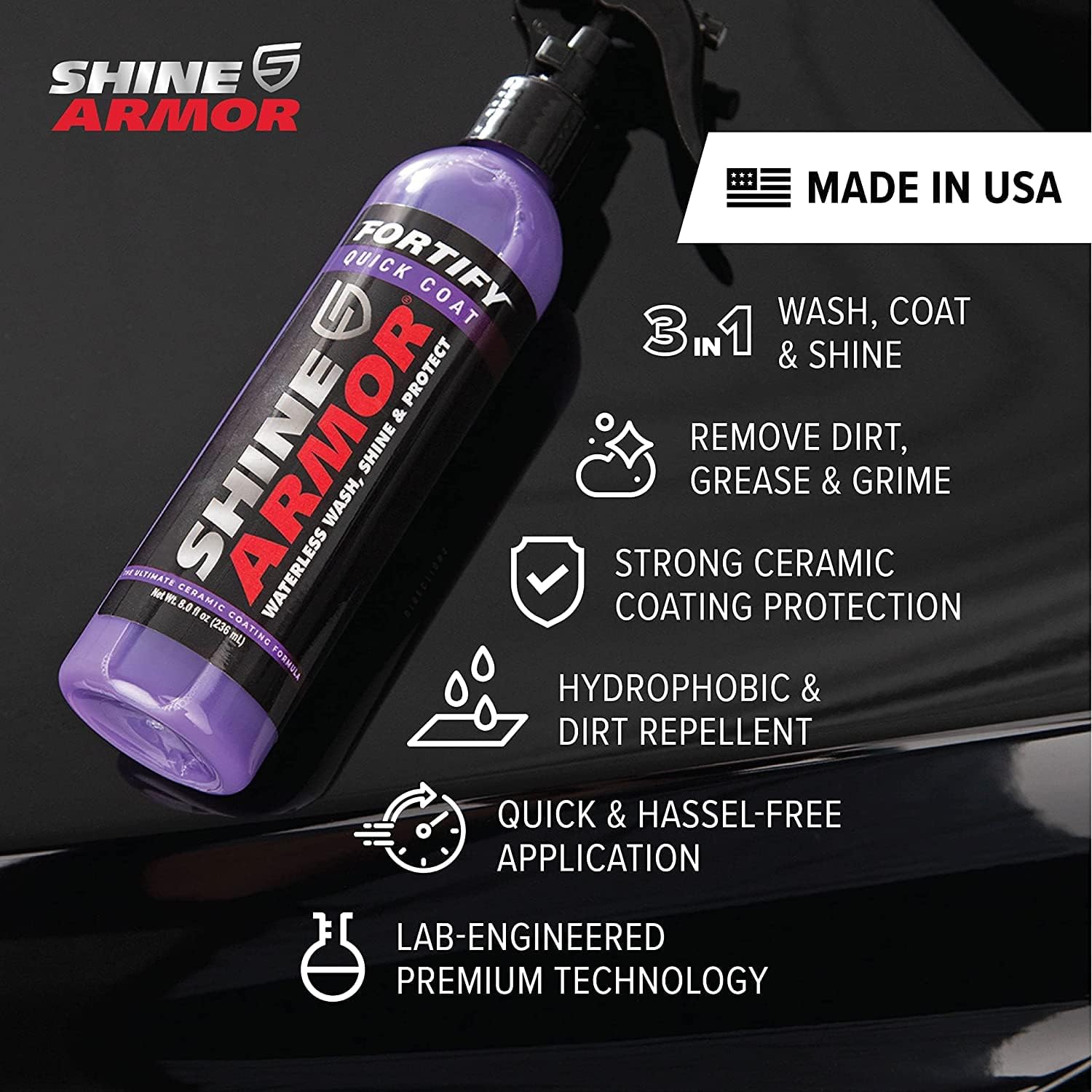 Shine Armor Fortify Quick Coat 3-in-1 Ceramic Car Wax Spray and Waterless Car Wash for Maximum Shine and Protection