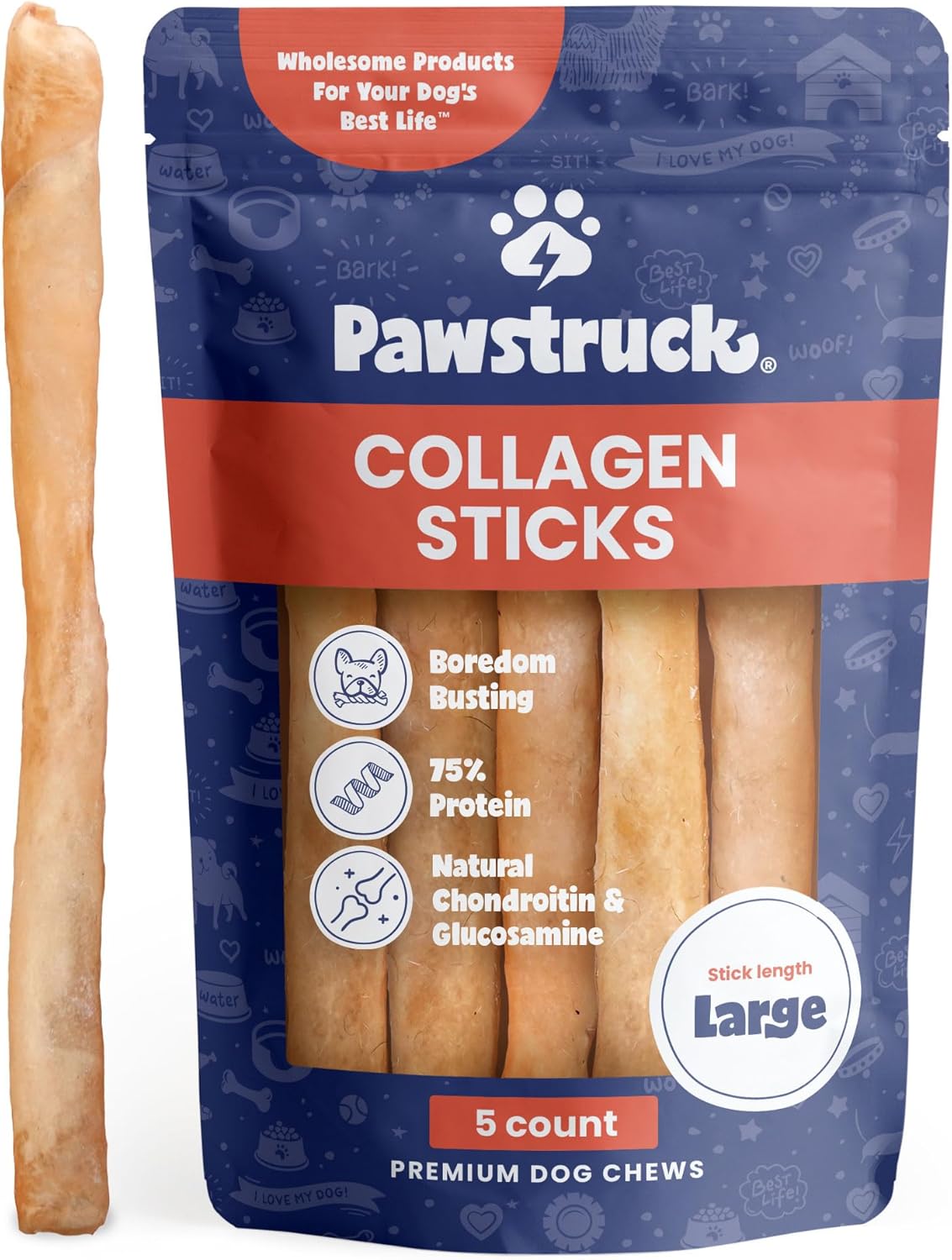 Pawstruck natural large 12 inch beef collagen sticks for dogs - long lasting rawhide alternative with high protein and chondroitin - 5 pack