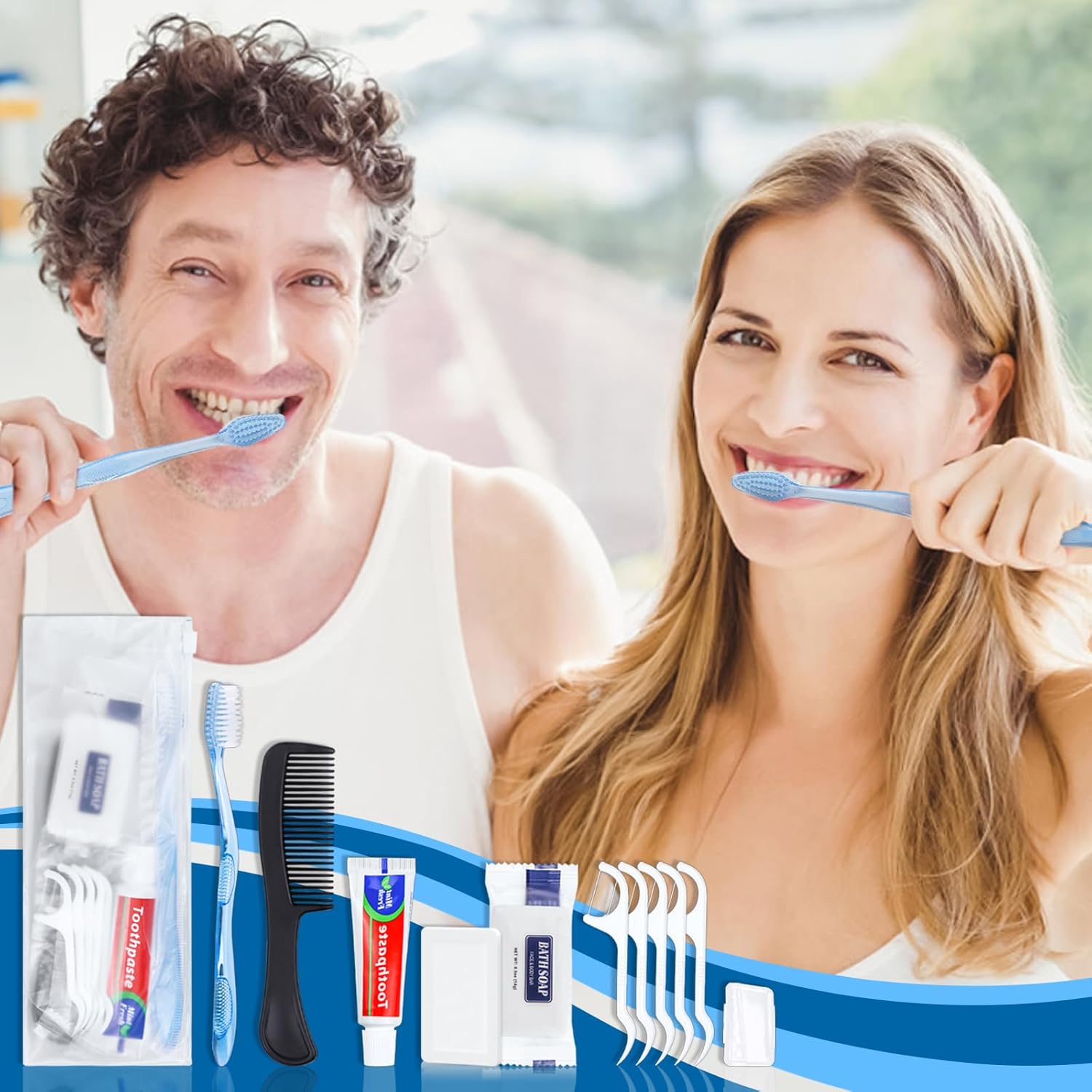 hqsl 10-set personal hygiene kit, disposable toothbrushes with toothpaste floss comb soap and cover for travel, homeless, women, men