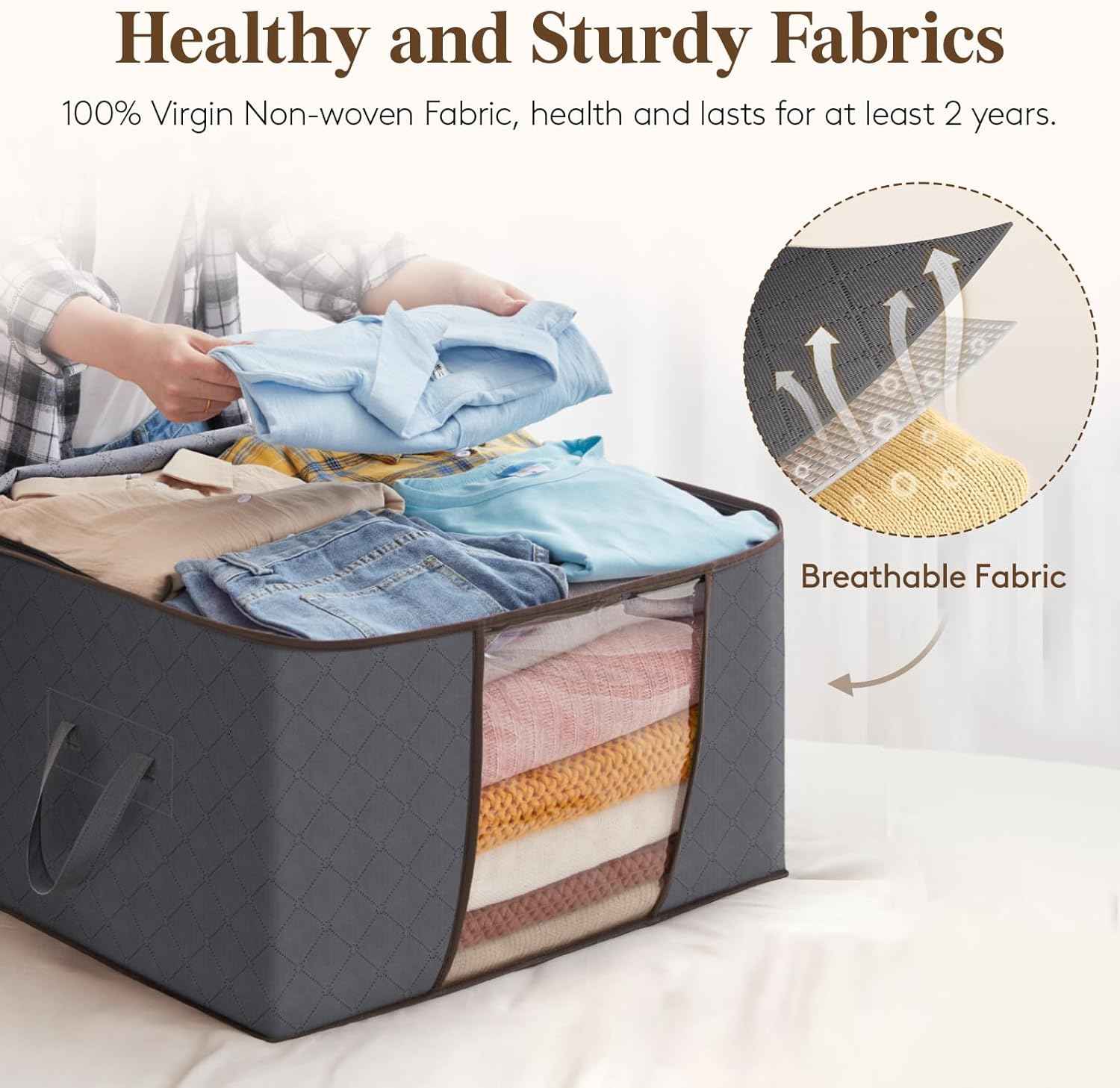 Lifewit 6 Pack Clothes Storage Bins with Lids, Foldable Blanket Storage Bags with Zippers, Clear Window and Reinforced Handles, Closet and Organization for Clothing, Sweater, Comforter, Bedding, Gray