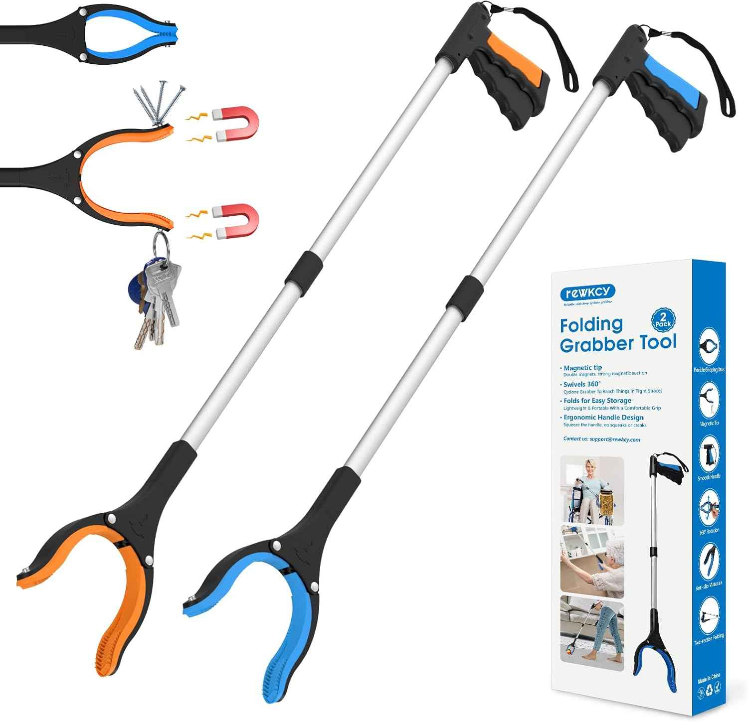 32" Grabber Reacher Tool, 2-Pack Foldable Reacher Grabber Pickup Tool with 360° Rotating Jaw & Magnet, Trash Picker Upper Grabber, Lightweight Grabbers for Seniors Heavy Duty