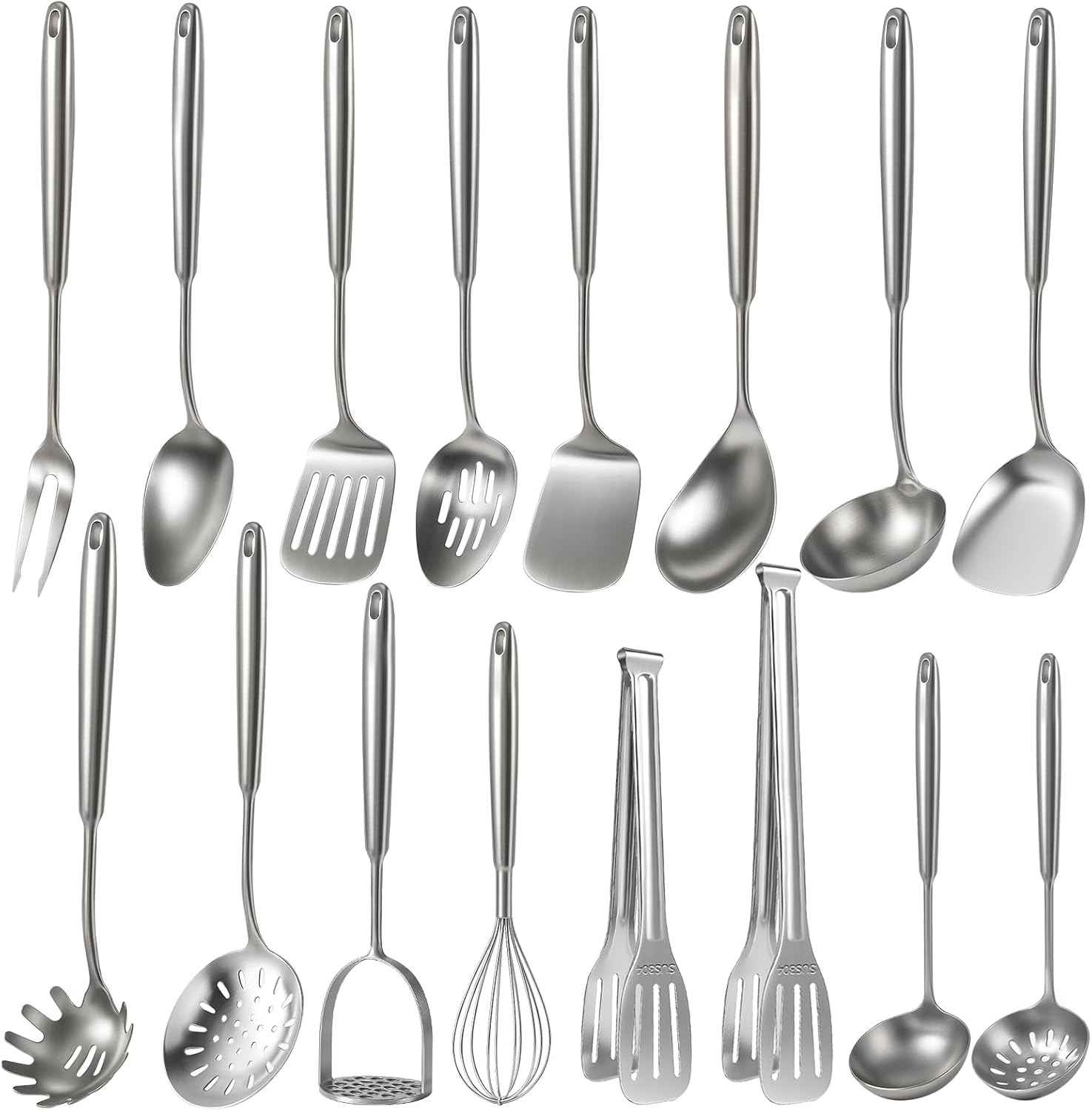 Newness 16 Pcs Cooking Utensils Set, 304 Stainless Steel Kitchen Utensils Set, Metal Kitchen Accessories, Include Soup Ladle, Slotted Skimmer Spoon, Spaghetti Spoon and Spatula, Dishwasher Safe