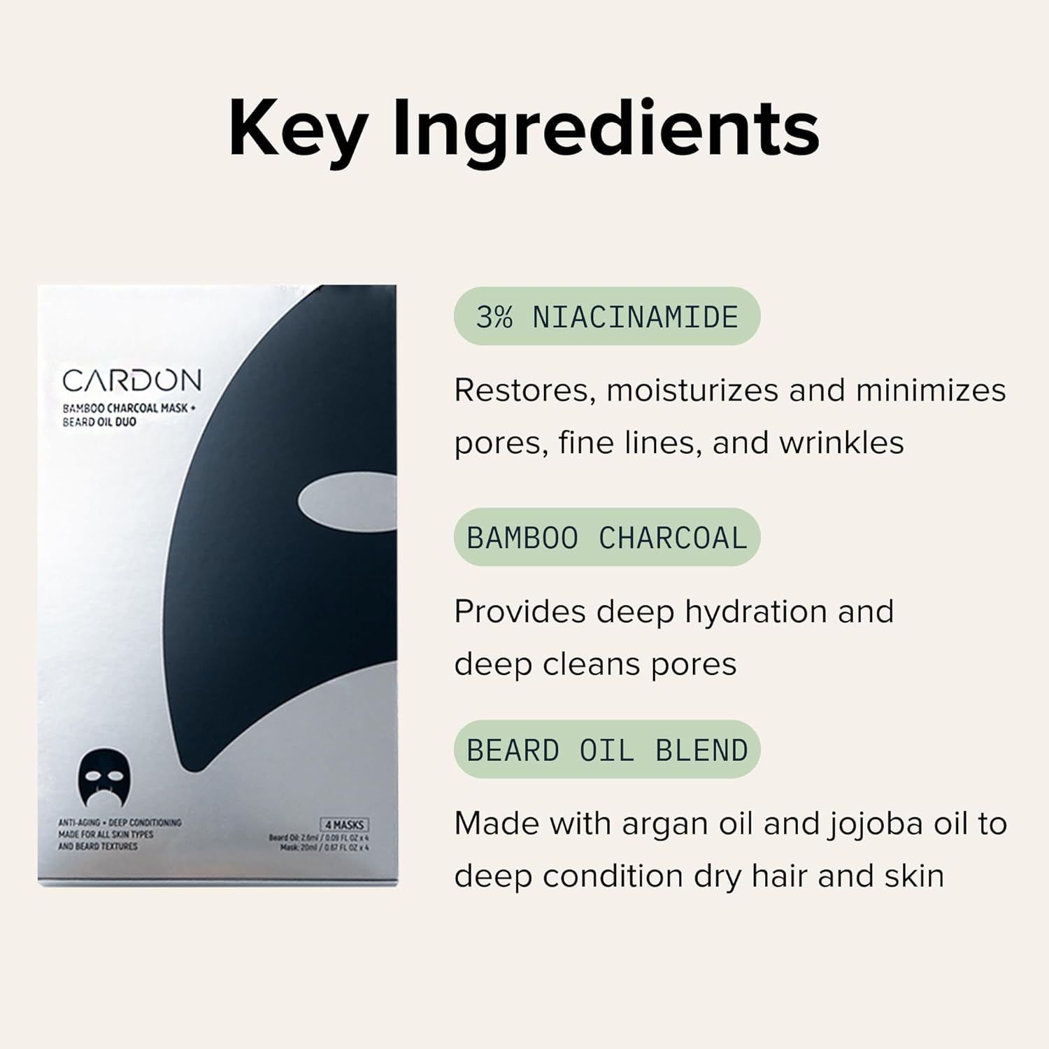 cardon korean charcoal beard care sheet masks with premium oil - 4 pack for hydration and anti-aging