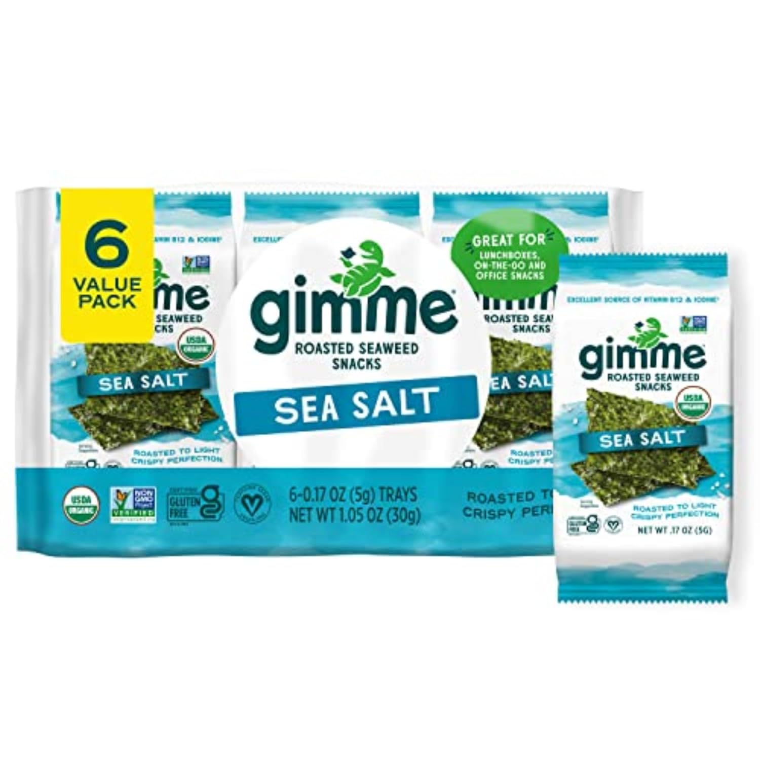 Gimme Seaweed Organic Roasted Seaweed Snacks Sea Salt 6 Count Keto Vegan Gluten-Free Healthy Snack