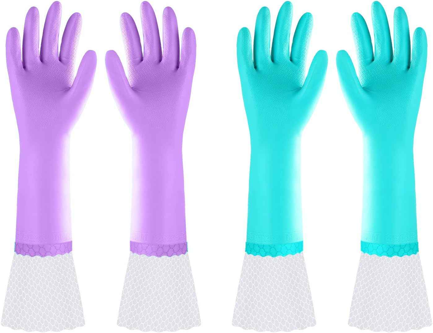 Elgood Reusable Dishwashing Cleaning Gloves with Latex free, Cotton lining,Kitchen Gloves 2 Pairs,Purple+blue Medium