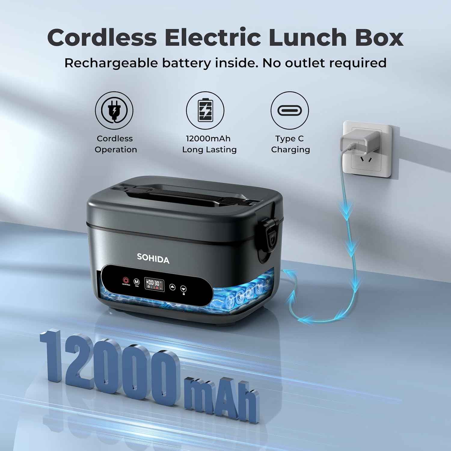 100W Cordless Electric Lunch Box for Adults & Men, Rechargeable Battery Powered Heated Lunch Box, 1.2L Portable Food Warmer Lunchbox with 5-Sided Heating for Work Car Outdoor Use