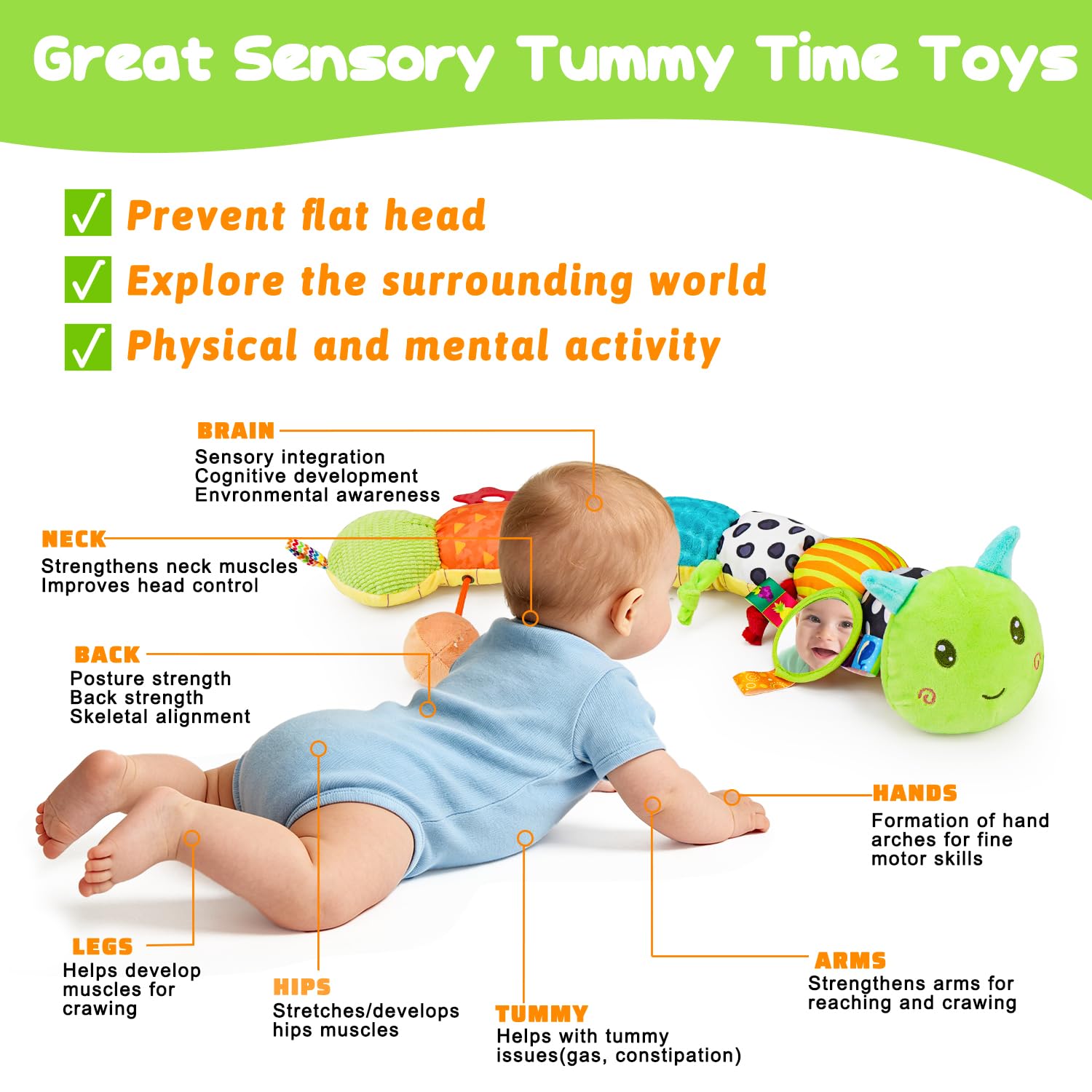 Topsochir Baby Sensory Toys 0-6 Months Music Animal Stuffed Plush Caterpillar Toy for Infant 0-3-6-12 Month Old Tummy Time with Mirror Crinkle Rattle Toys for Newborn Boys Girls Shower Birthday Gifts