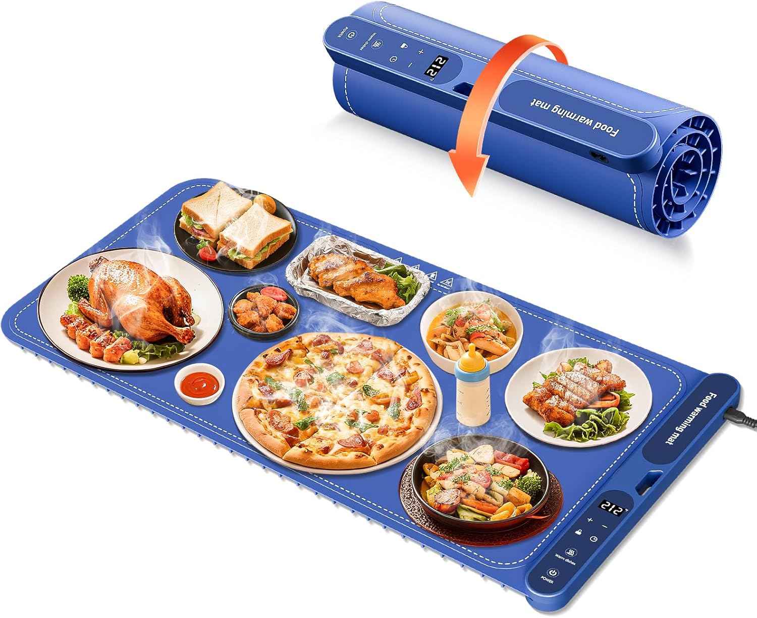 Warming Mat for Food Extra Large 32"x15", Electric Silicone Food Warmer Trays for Chafing Dishes & Buffet,Portable Countertop Food Warmers for Parties, 7-Level Temp 8-Hour Timer， Blue