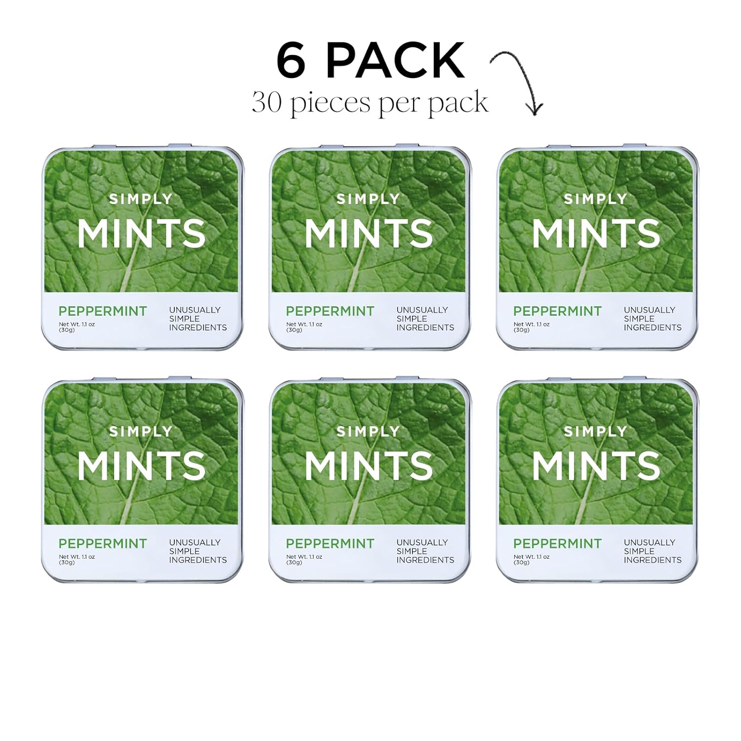 Simply Mints Natural Peppermint Breath Mints, 6 pack with 180 pieces, made with real peppermint oil and no artificial ingredients